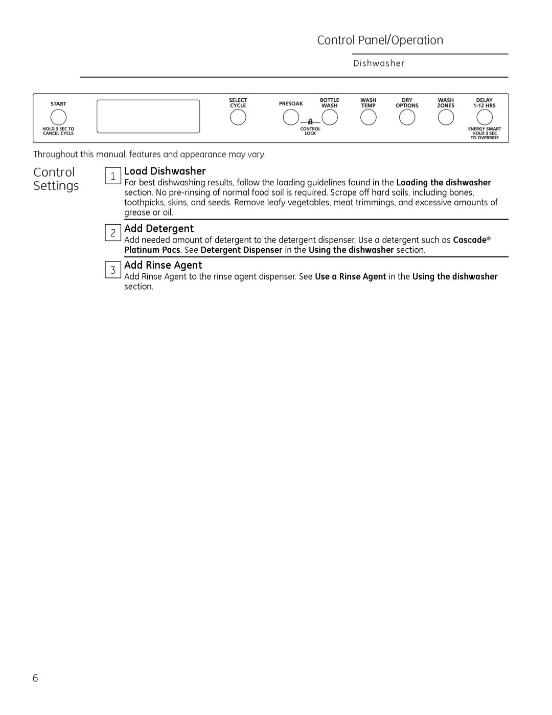 GE Monogram 49-55086 owner manual Control Panel/Operation, Control Settings 