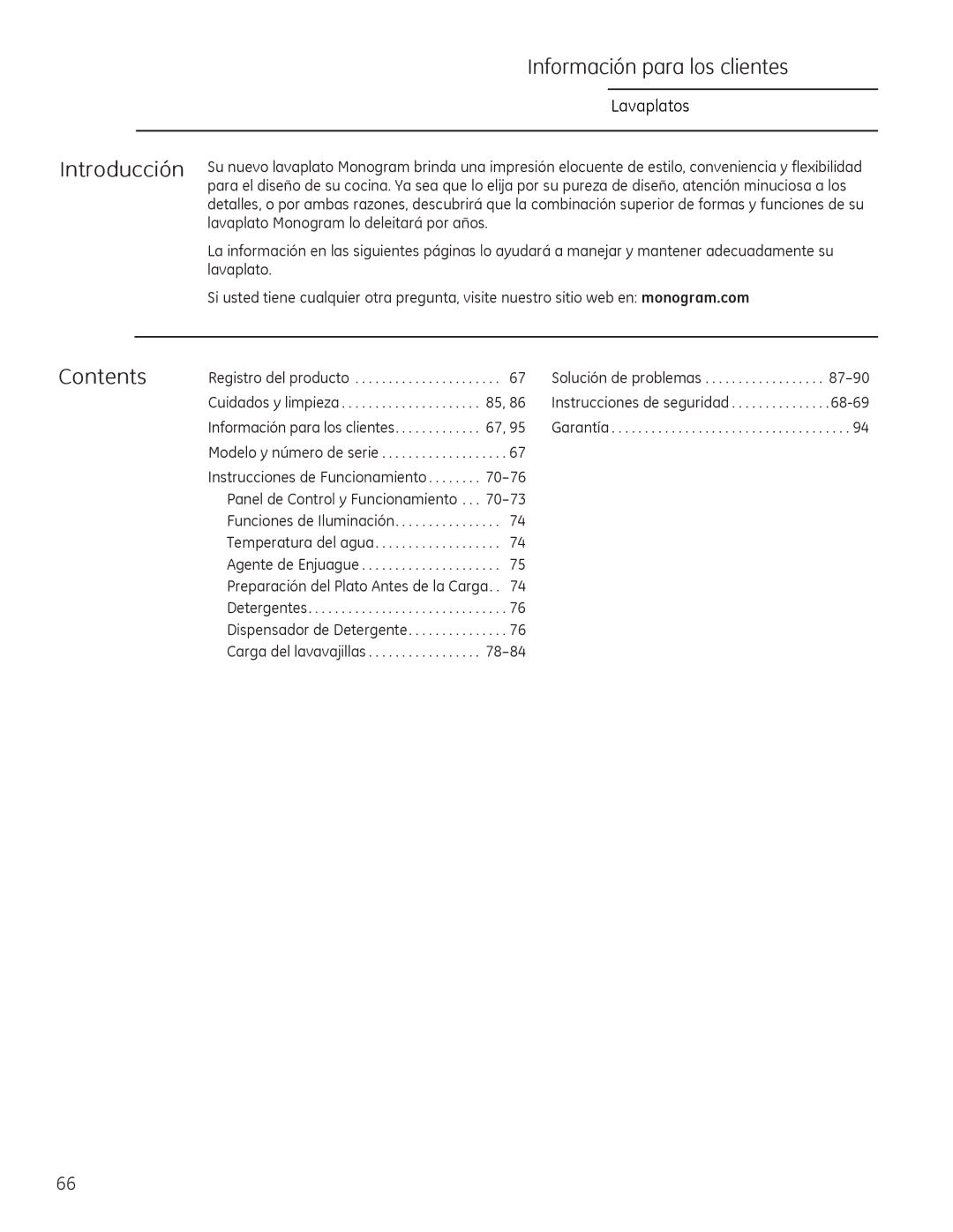 GE Monogram 49-55086 Información para los clientes, Introducción, Lavaplato Monogram lo deleitará por años, 87-90 