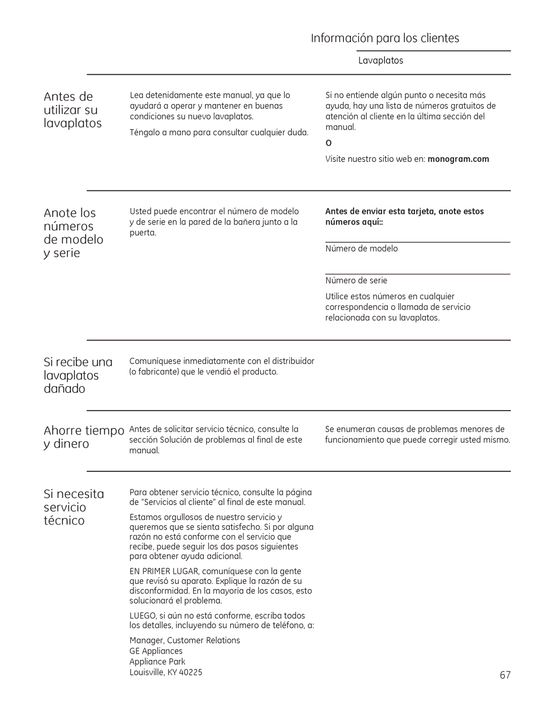 GE Monogram 49-55086 owner manual Antes de, Utilizar su, Lavaplatos, Anote los, Números, De modelo, Serie, Si recibe una 