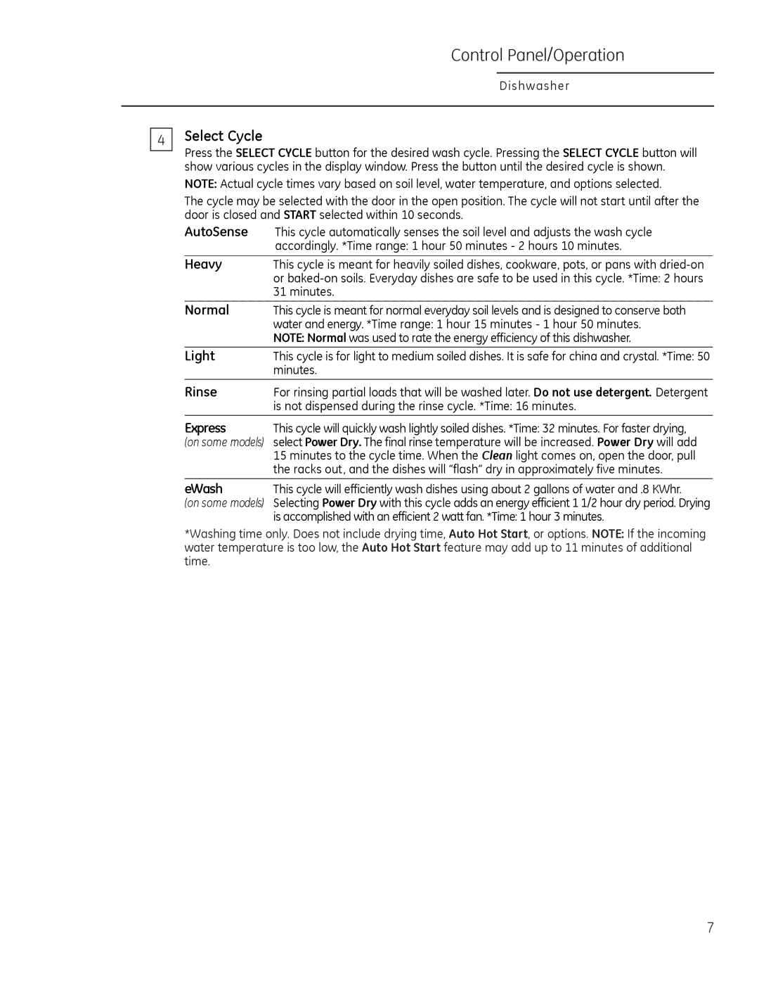 GE Monogram 49-55086 owner manual Select Cycle 