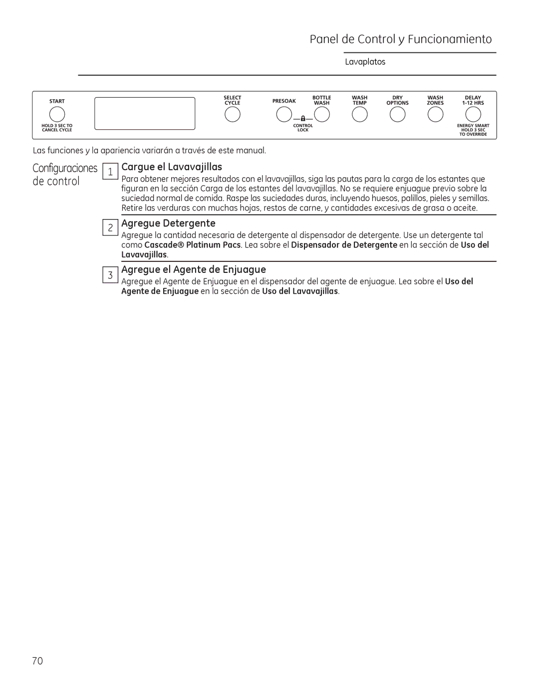 GE Monogram 49-55086 owner manual Panel de Control y Funcionamiento, Cargue el Lavavajillas, Agregue Detergente 