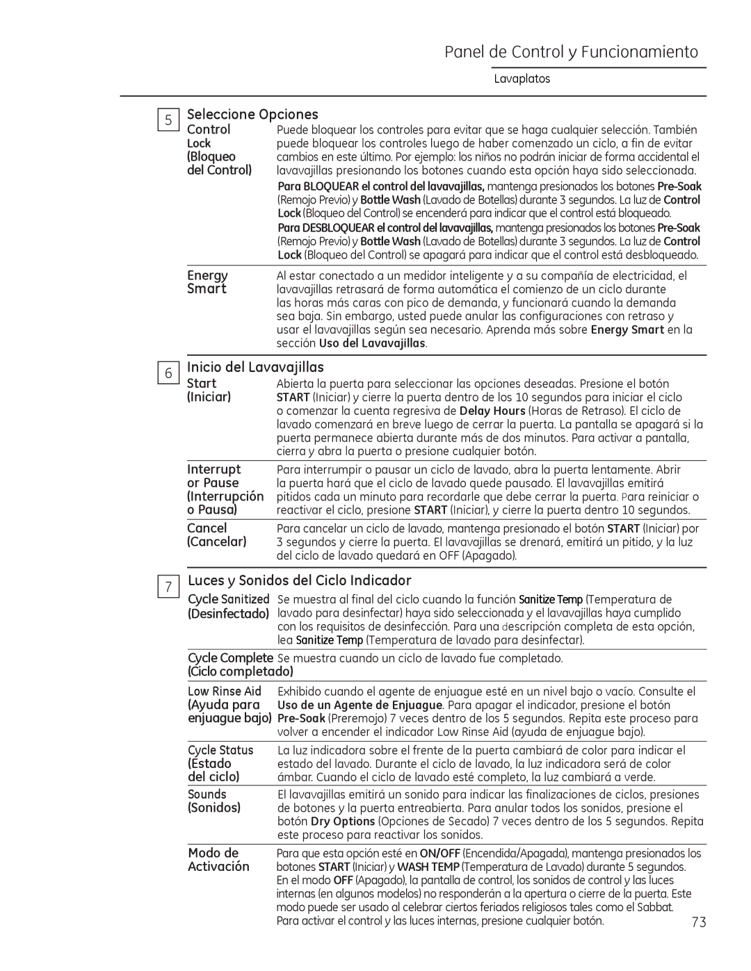 GE Monogram 49-55086 owner manual Smart, Inicio del Lavavajillas, Luces y Sonidos del Ciclo Indicador 