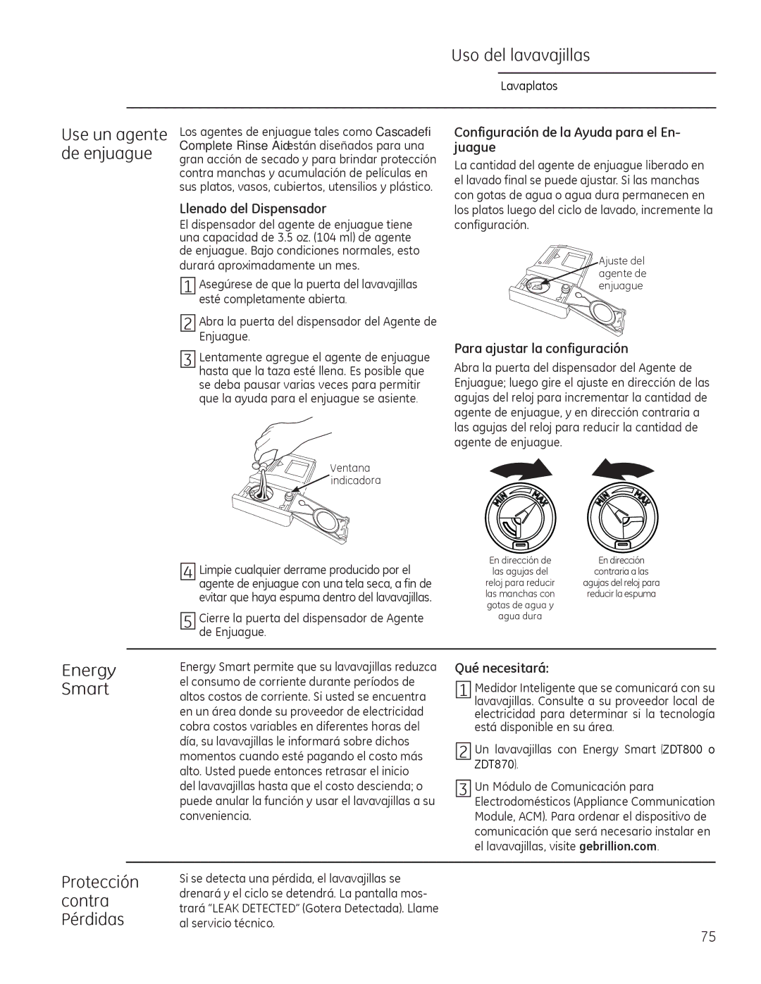 GE Monogram 49-55086 owner manual Use un agente, De enjuague, Protección contra Pérdidas 