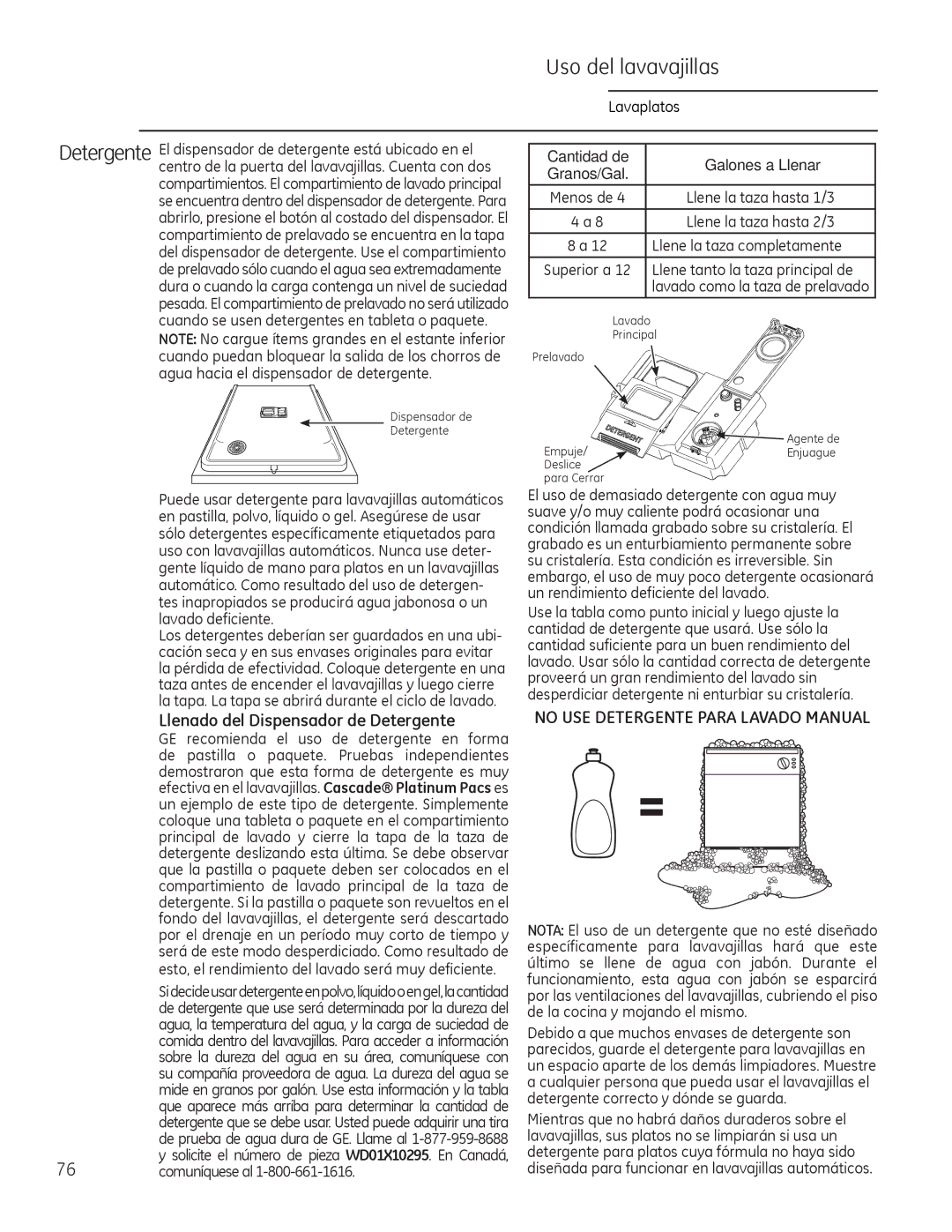 GE Monogram 49-55086 owner manual Llenado del Dispensador de Detergente 