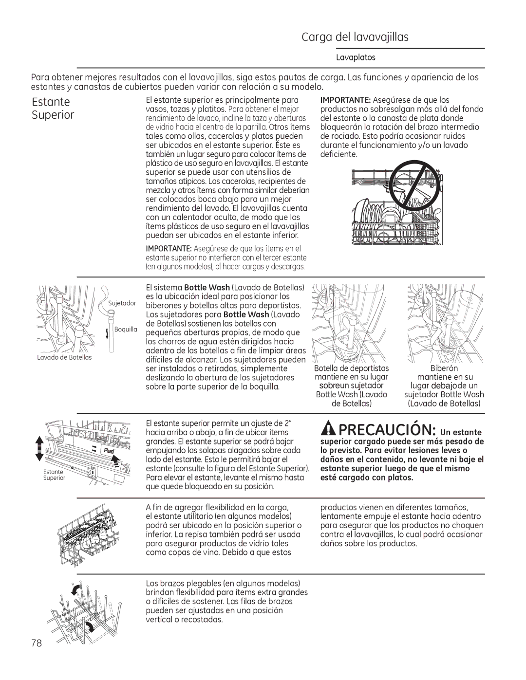 GE Monogram 49-55086 owner manual Carga del lavavajillas, Estante, Superior 