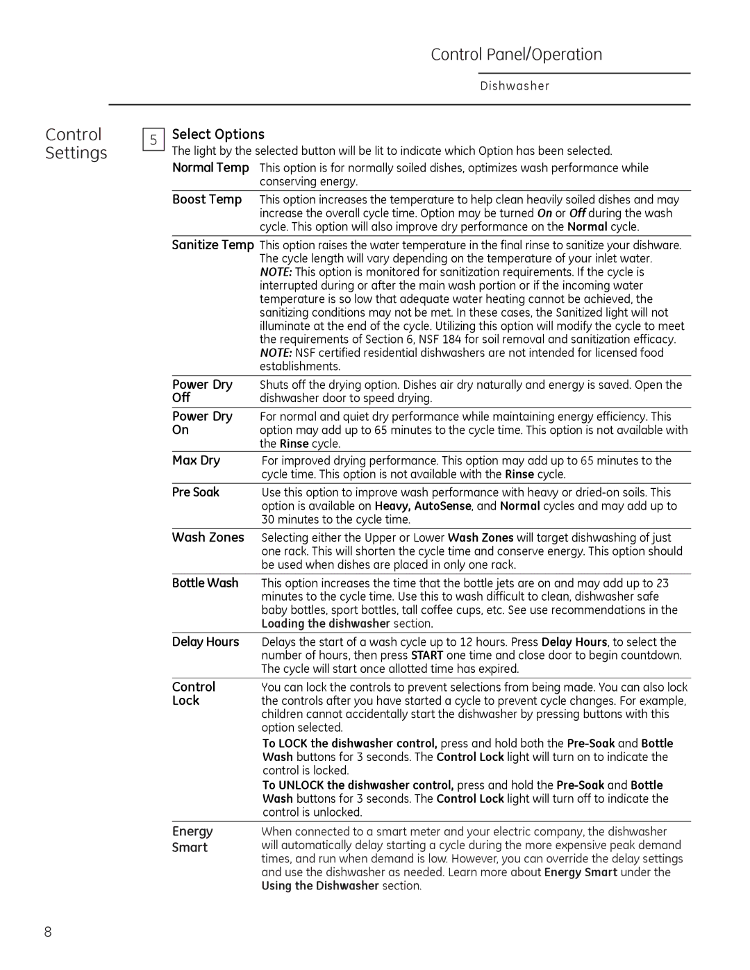 GE Monogram 49-55086 owner manual Control Settings Control Panel/Operation, Energy, Smart, Loading the dishwasher section 