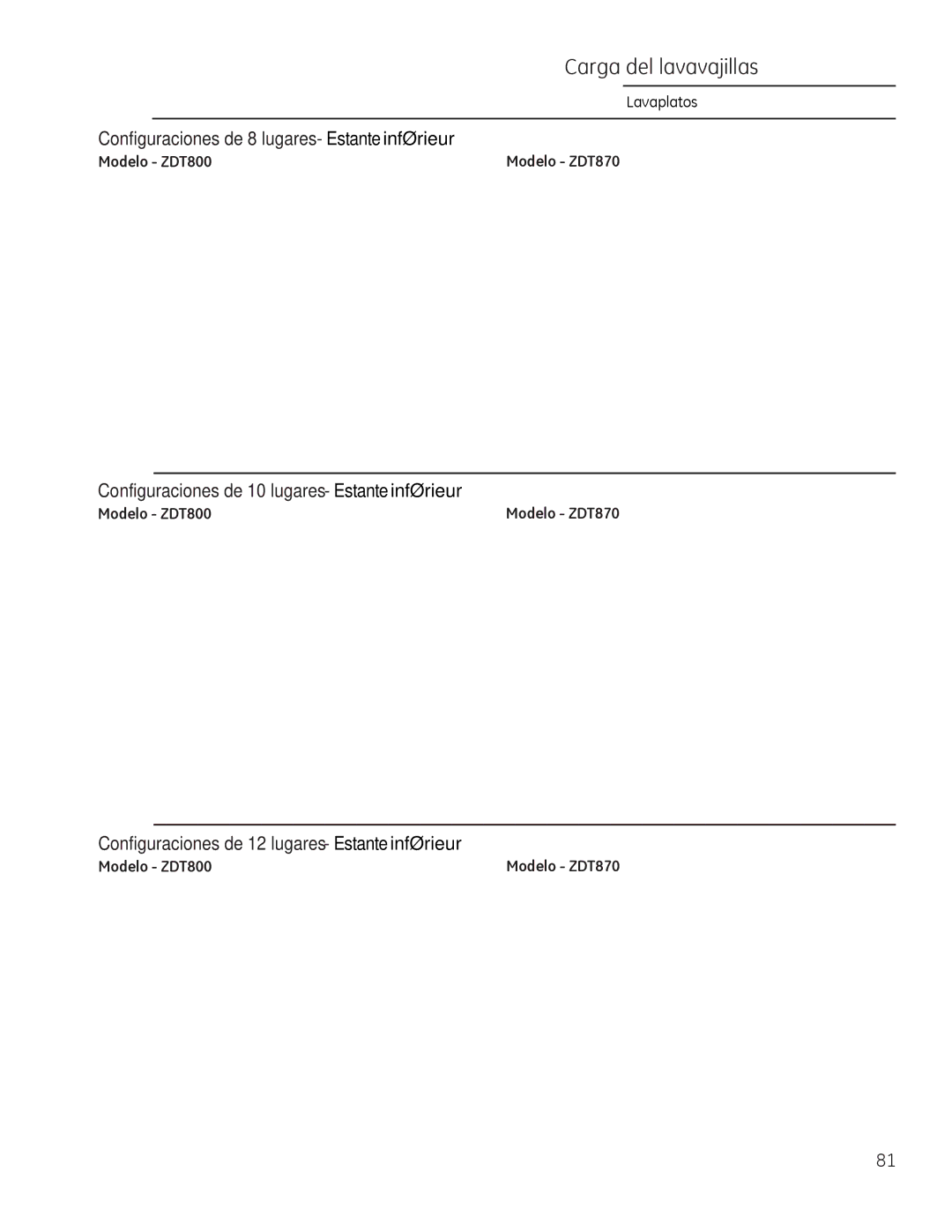 GE Monogram 49-55086 owner manual Configuraciones de 10 lugares Estante inférieur 