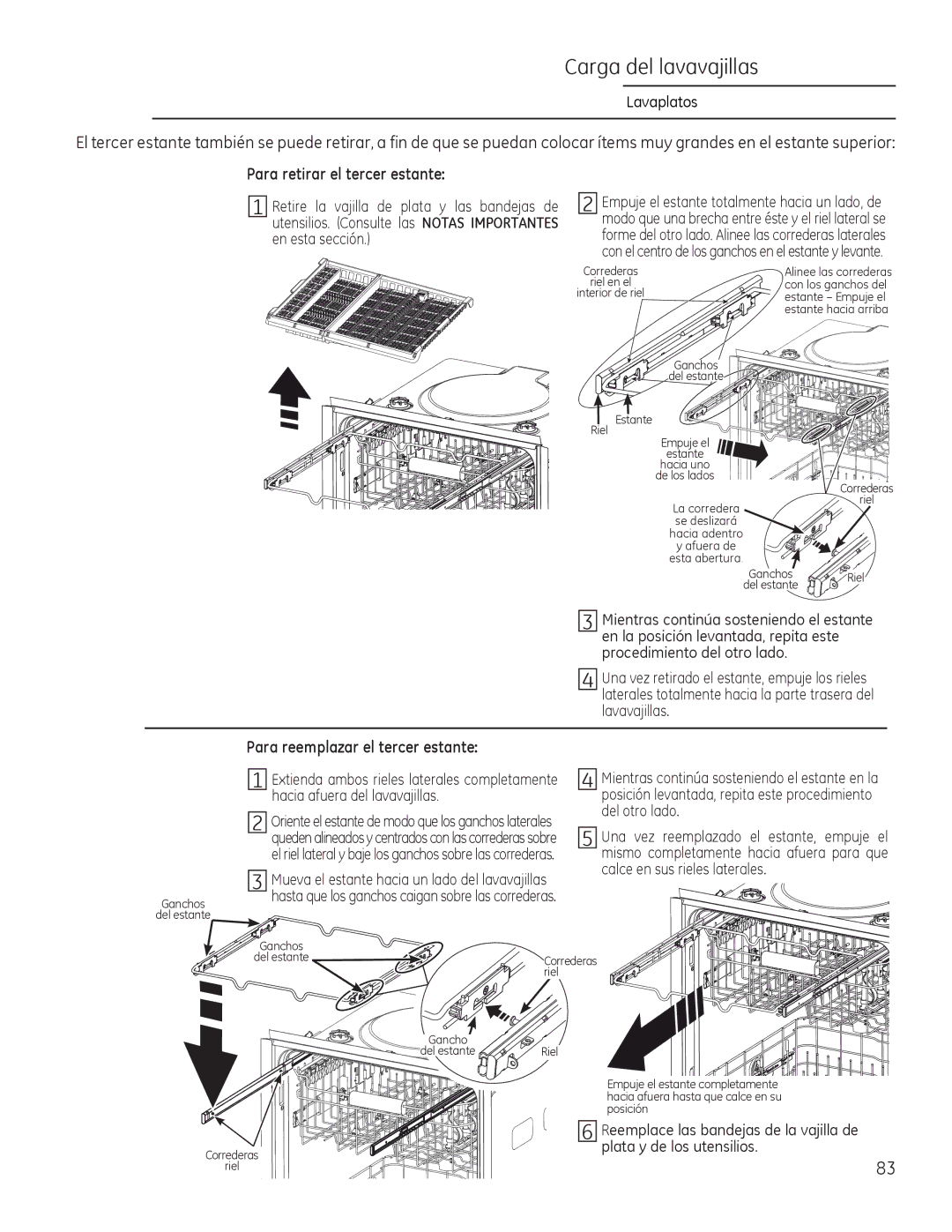 GE Monogram 49-55086 owner manual Para retirar el tercer estante, Para reemplazar el tercer estante 