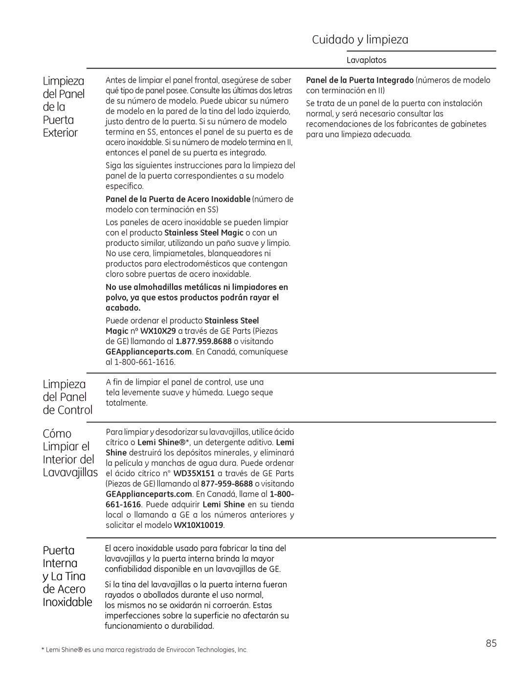 GE Monogram 49-55086 Cuidado y limpieza, Limpieza, Del Panel, De la, Puerta, Exterior, De Control Cómo, Limpiar el 
