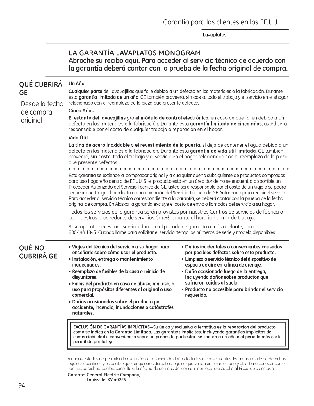 GE Monogram 49-55086 owner manual Garantía para los clientes en los EE.UU, De compra, Desde la fecha 