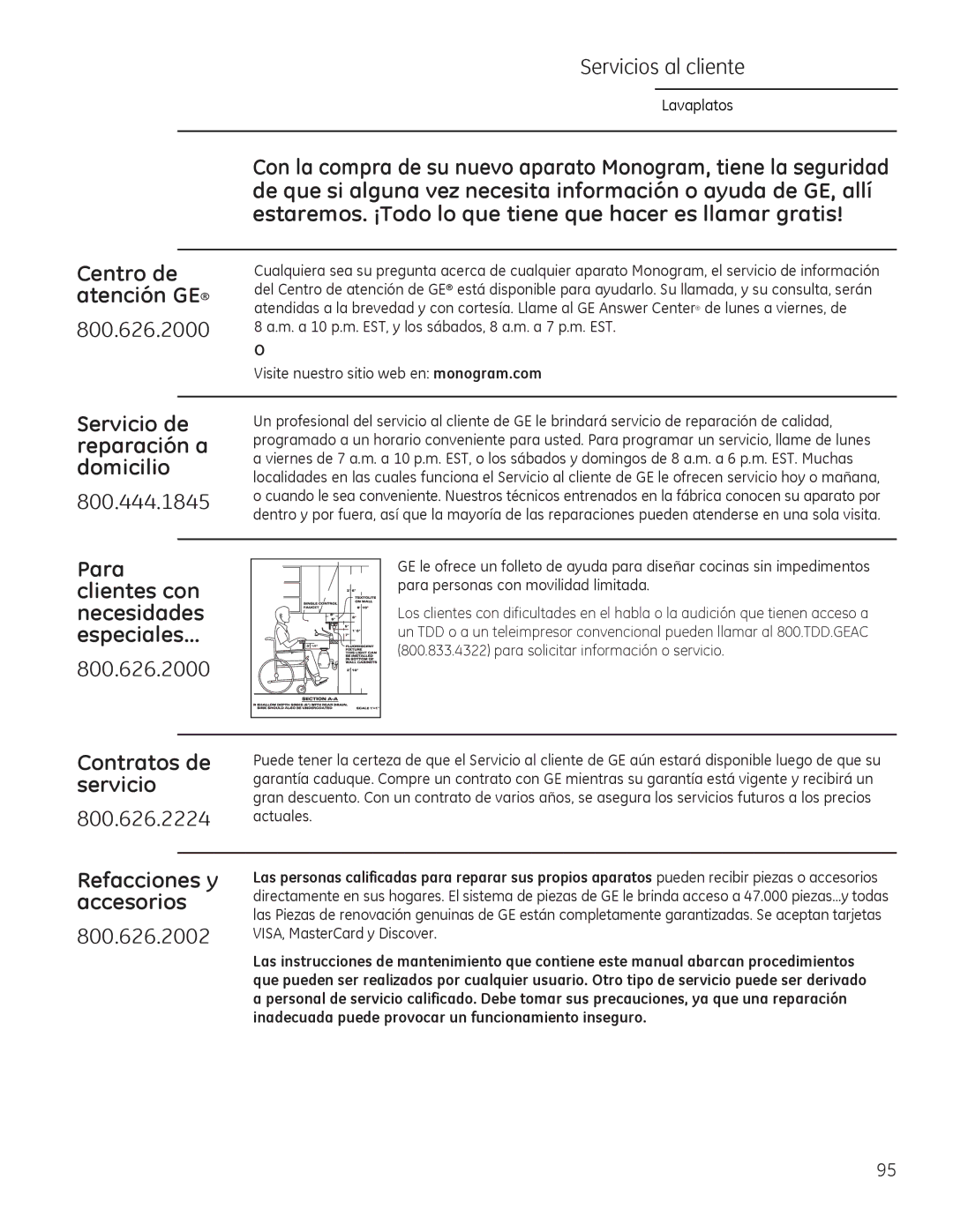 GE Monogram 49-55086 owner manual Servicios al cliente, 800.626.2000, 800.444.1845, 800.626.2224 