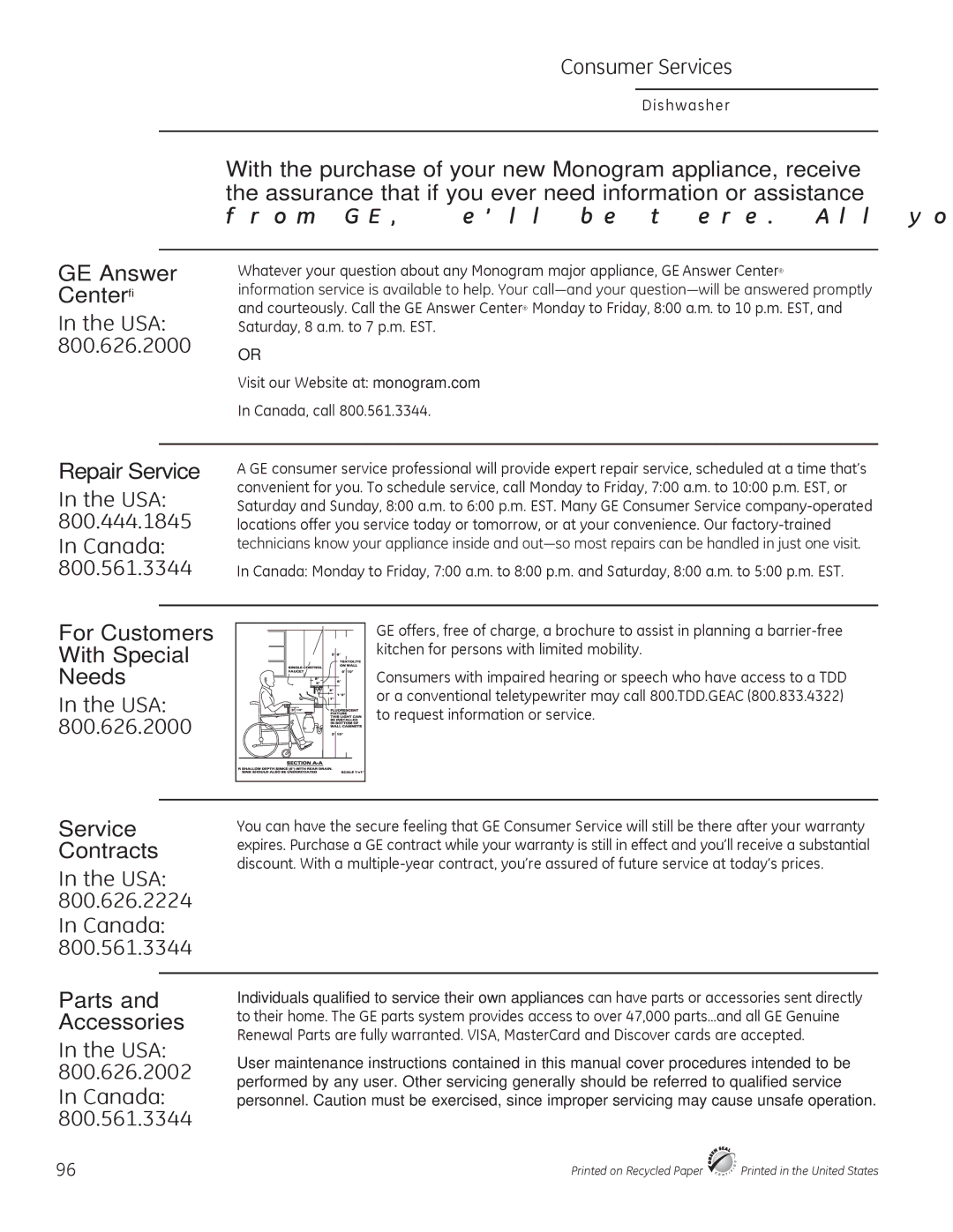 GE Monogram 49-55086 owner manual Consumer Services, Usa, Canada 800.561.3344 