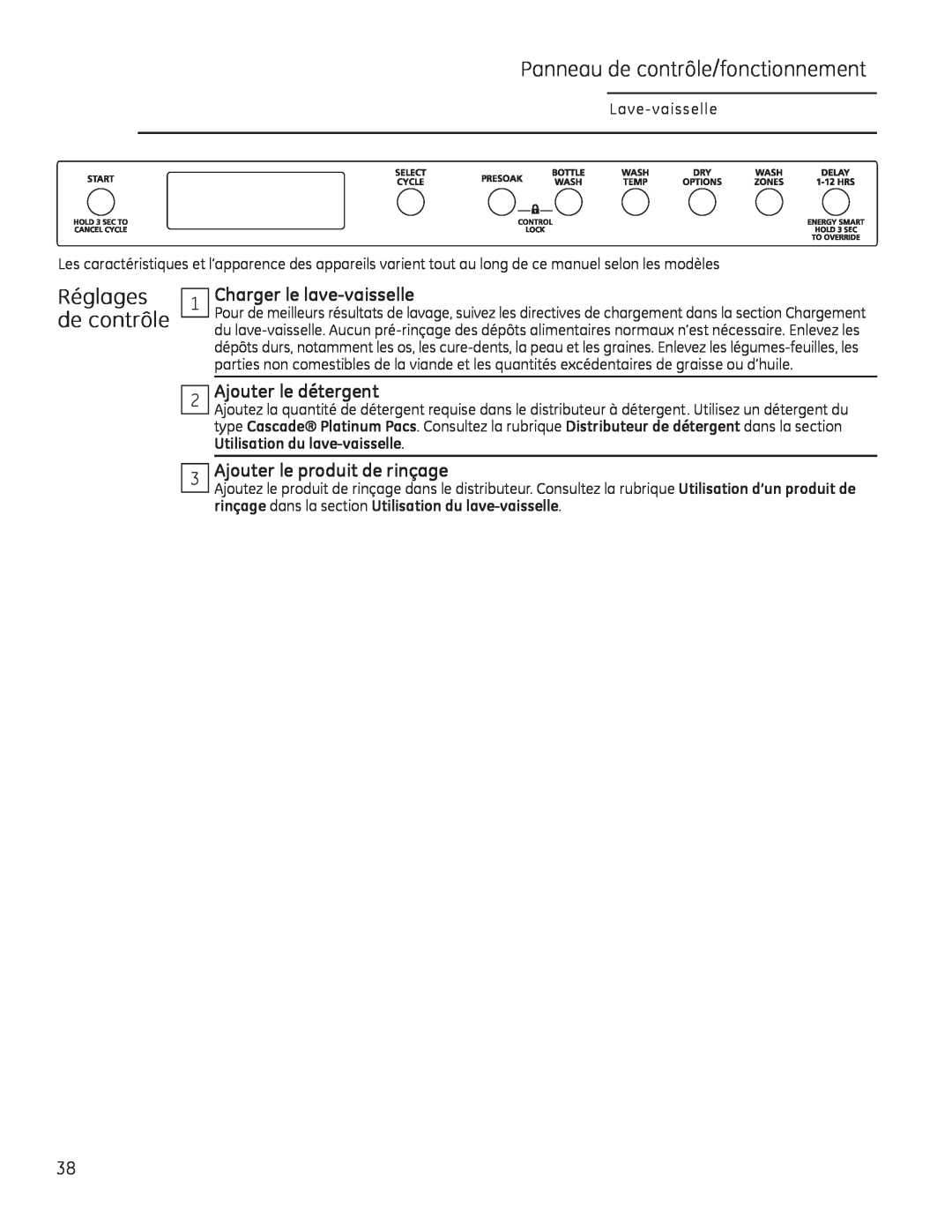 GE Monogram 49-55086 owner manual Panneau de contrôle/fonctionnement, Réglages de contrôle, Charger le lave-vaisselle 