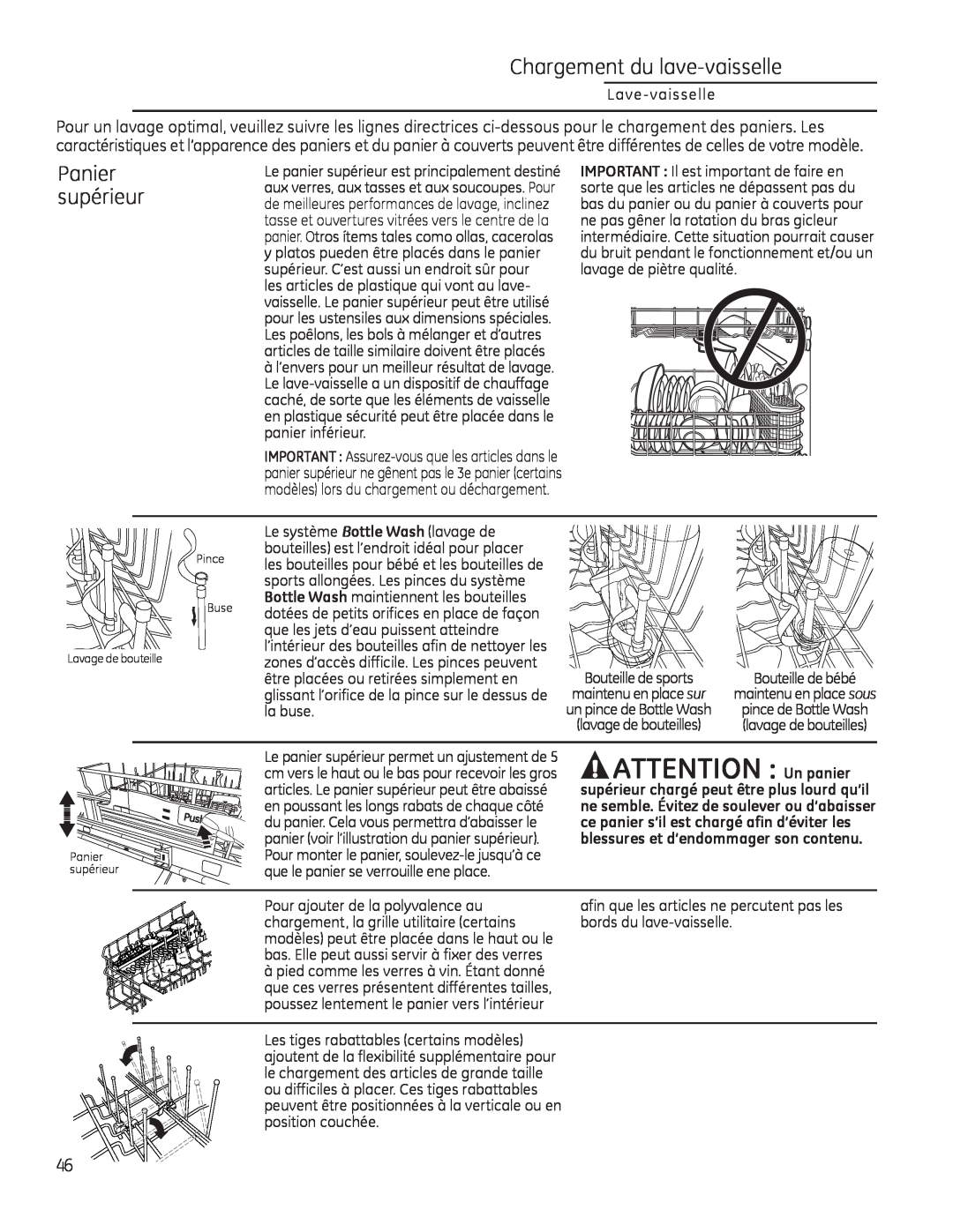 GE Monogram 49-55086 owner manual ATTENTION Un panier, Chargement du lave-vaisselle, Panier, supérieur 