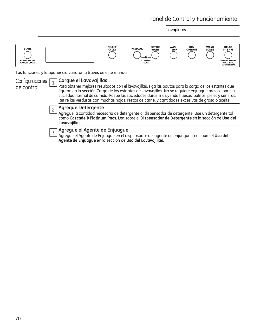 GE Monogram 49-55086 owner manual Panel de Control y Funcionamiento, Cargue el Lavavajillas, Agregue Detergente 