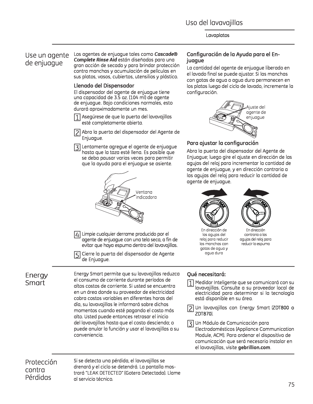 GE Monogram 49-55086 Protección contra Pérdidas, juague, Configuración de la Ayuda para el En, Llenado del Dispensador 