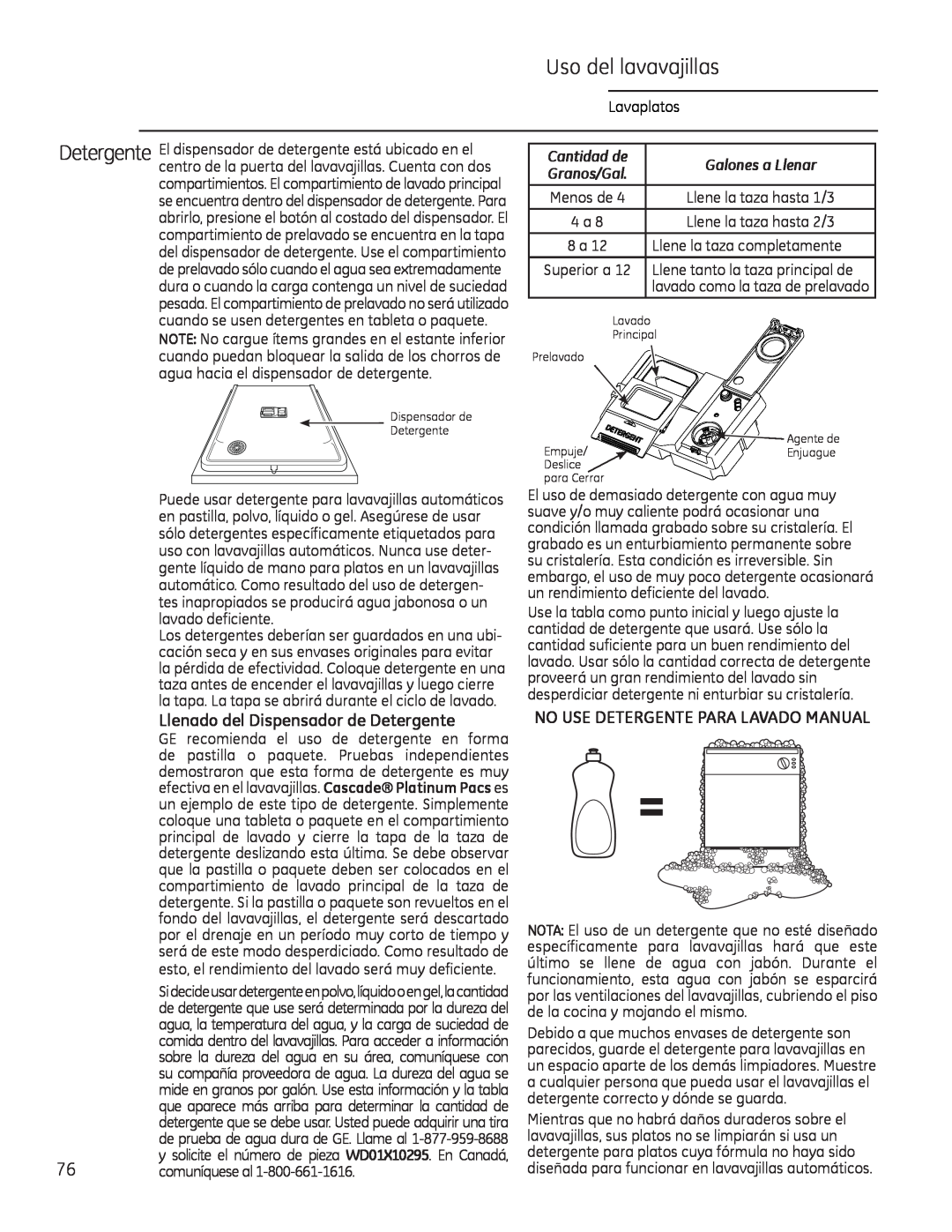 GE Monogram 49-55086 Llenado del Dispensador de Detergente, No Use Detergente Para Lavado Manual, Cantidad de 