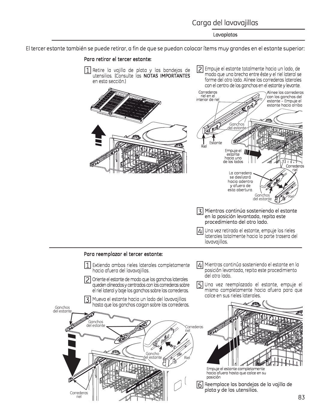 GE Monogram 49-55086 owner manual Para retirar el tercer estante, Para reemplazar el tercer estante 