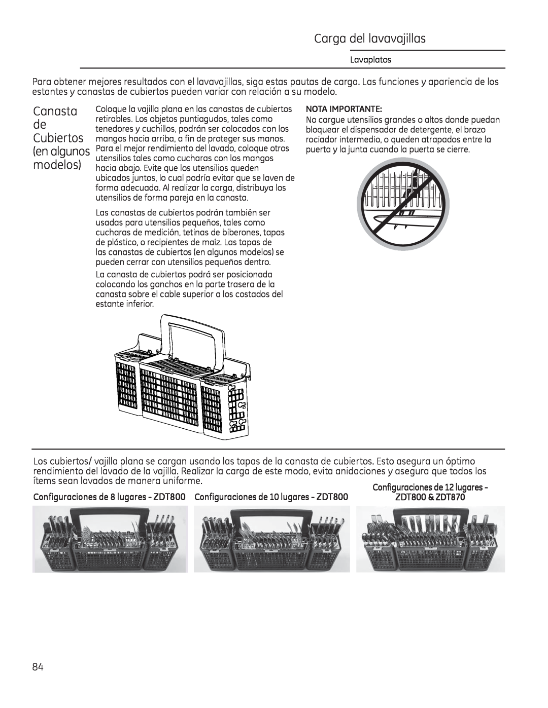 GE Monogram 49-55086 owner manual Canasta de Cubiertos en algunos modelos, Nota Importante 