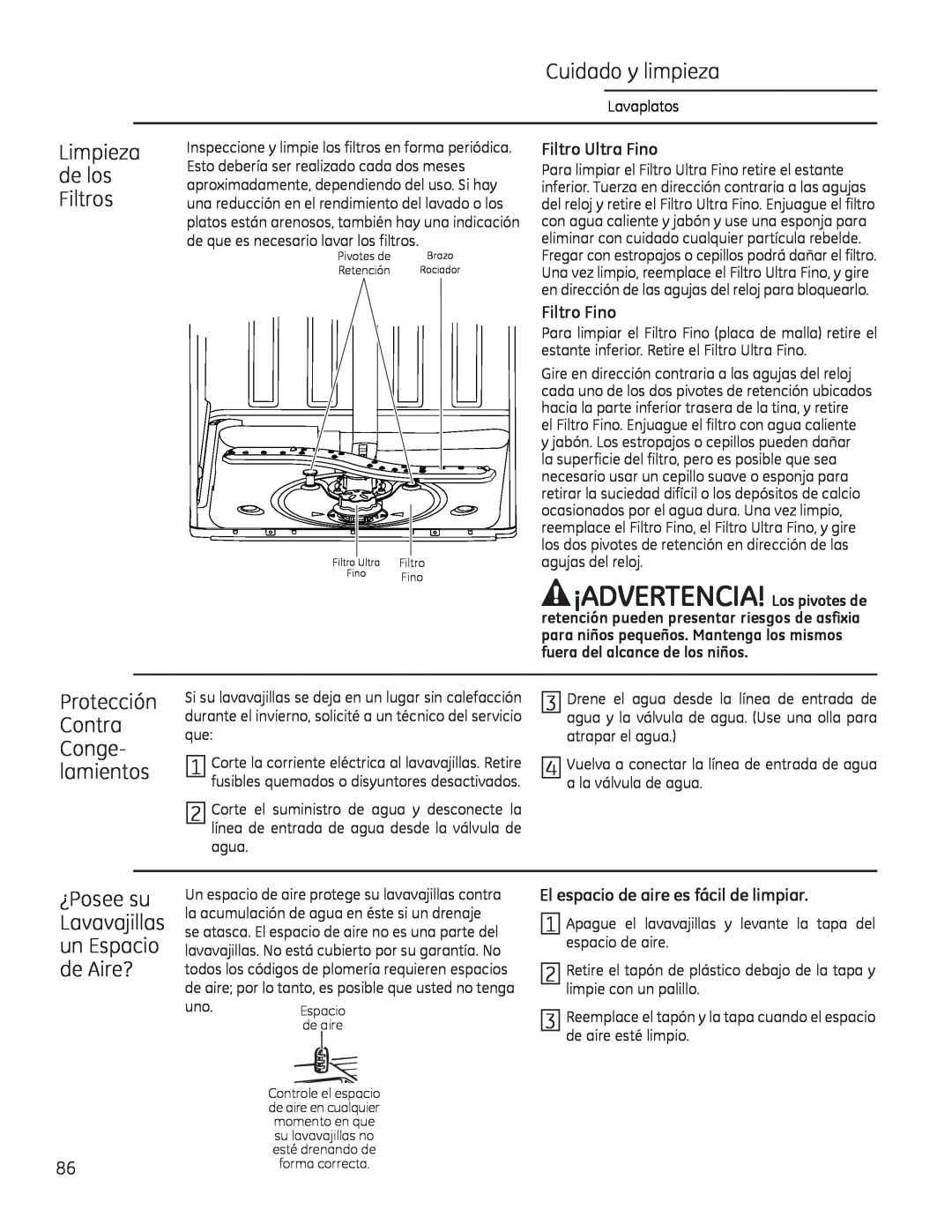 GE Monogram 49-55086 owner manual ¡ADVERTENCIA! Los pivotes de, Limpieza de los Filtros, Protección Contra Conge- lamientos 