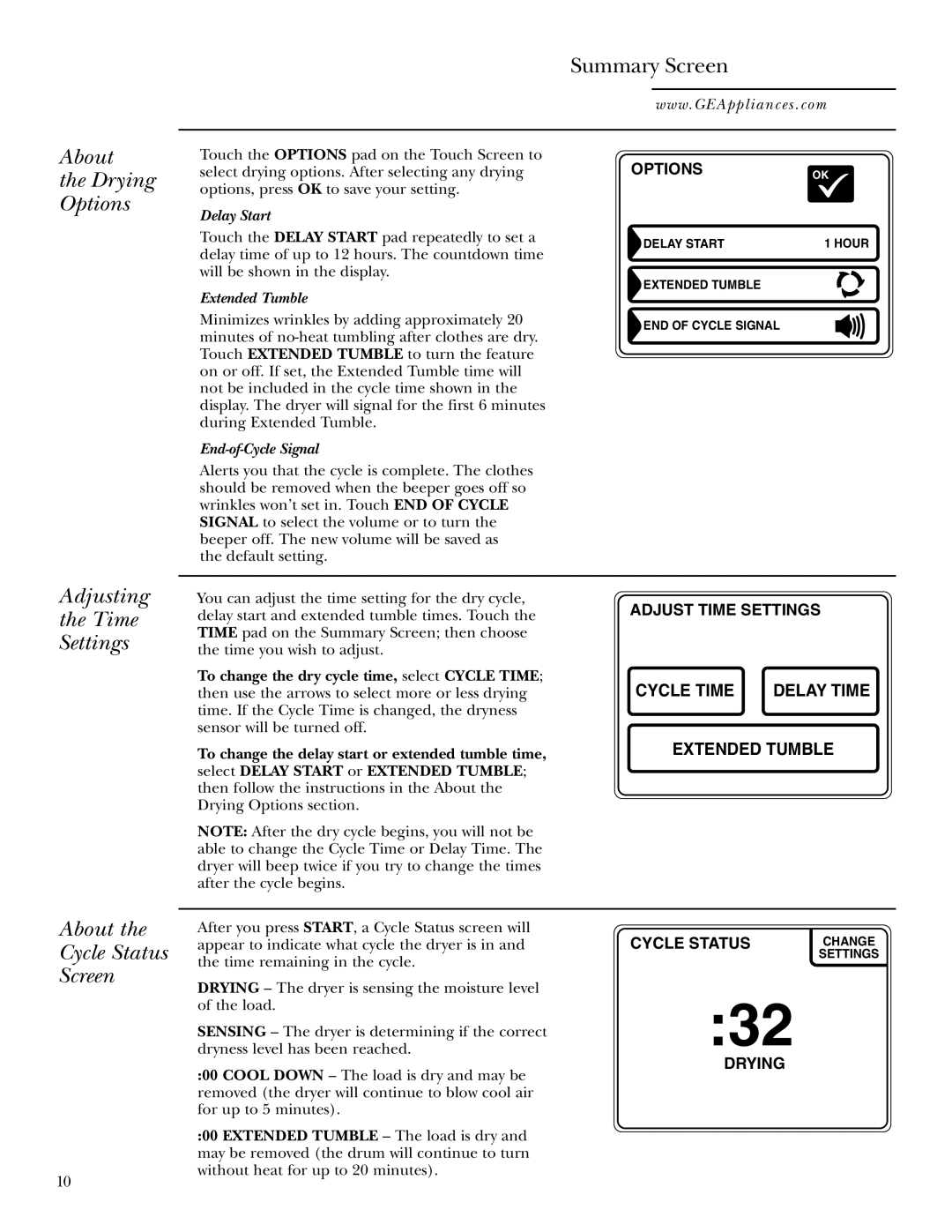 GE Monogram 3828EL2001A 175D1807P416, 49-90152-1 About Drying Options, Adjusting Time Settings, About Cycle Status Screen 