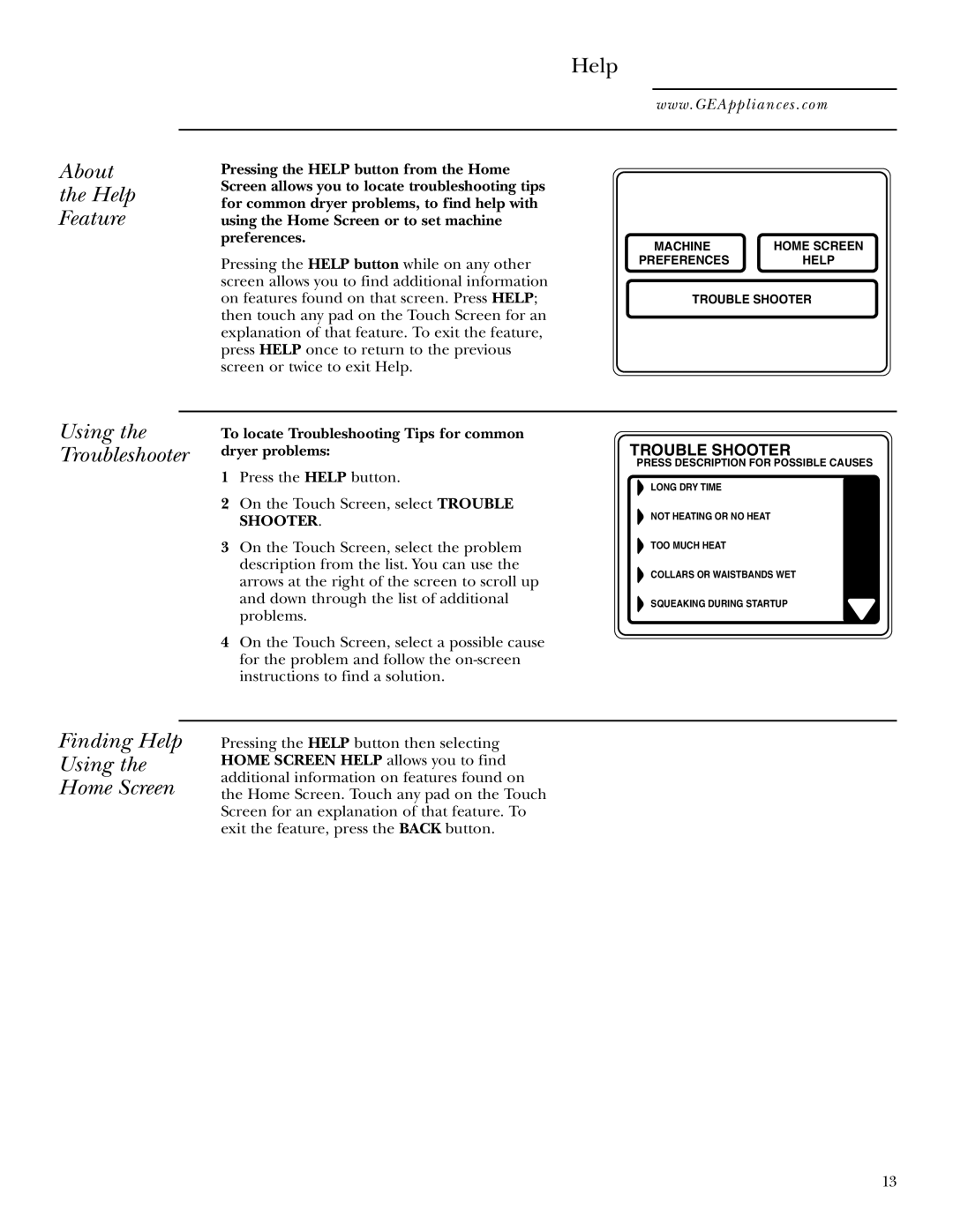 GE Monogram 3828EL2001A 175D1807P416, 49-90152-1 About Help Feature, Finding Help Using Home Screen, Dryer problems 