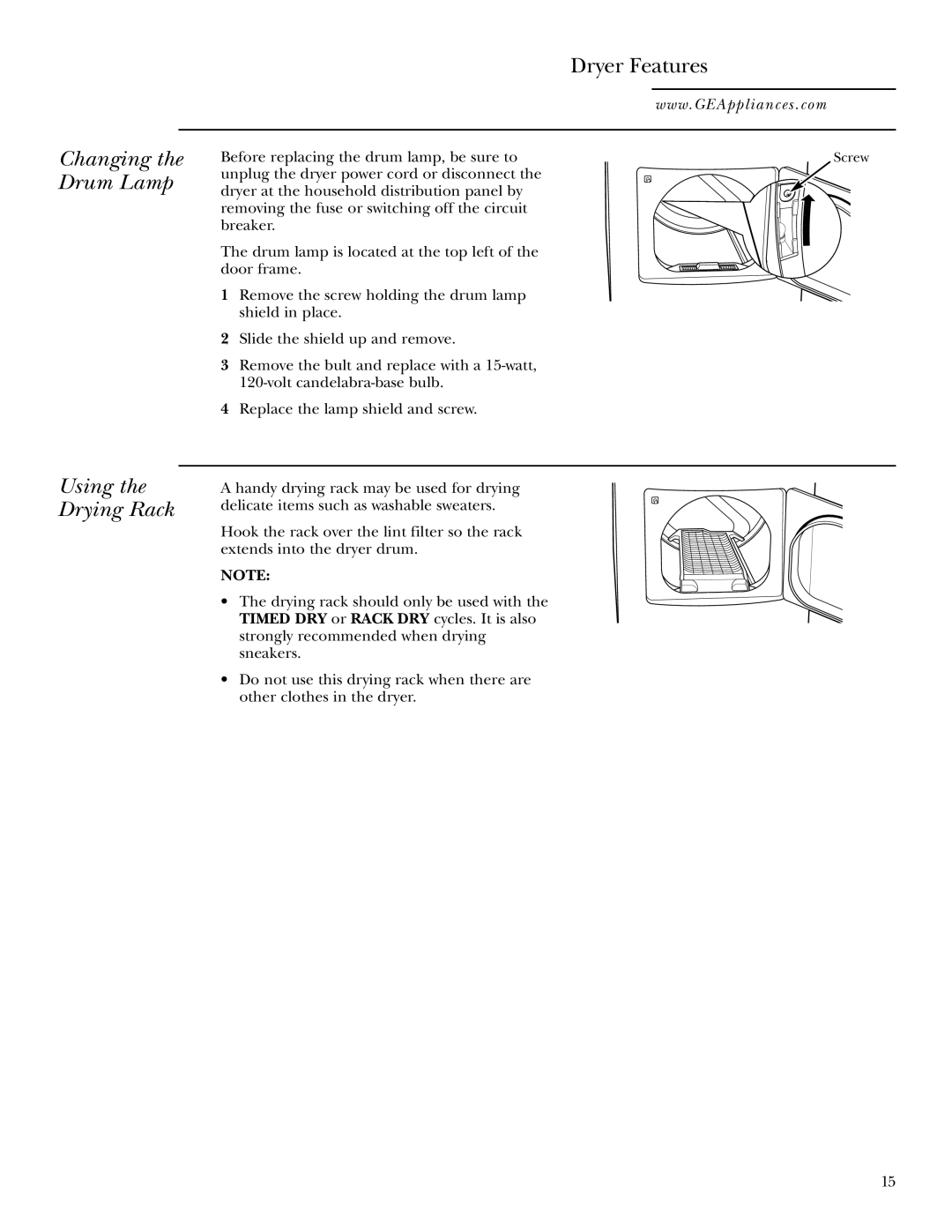 GE Monogram 49-90152-1, 3828EL2001A 175D1807P416, DPTGT750 Changing the Drum Lamp Using the Drying Rack Dryer Features 