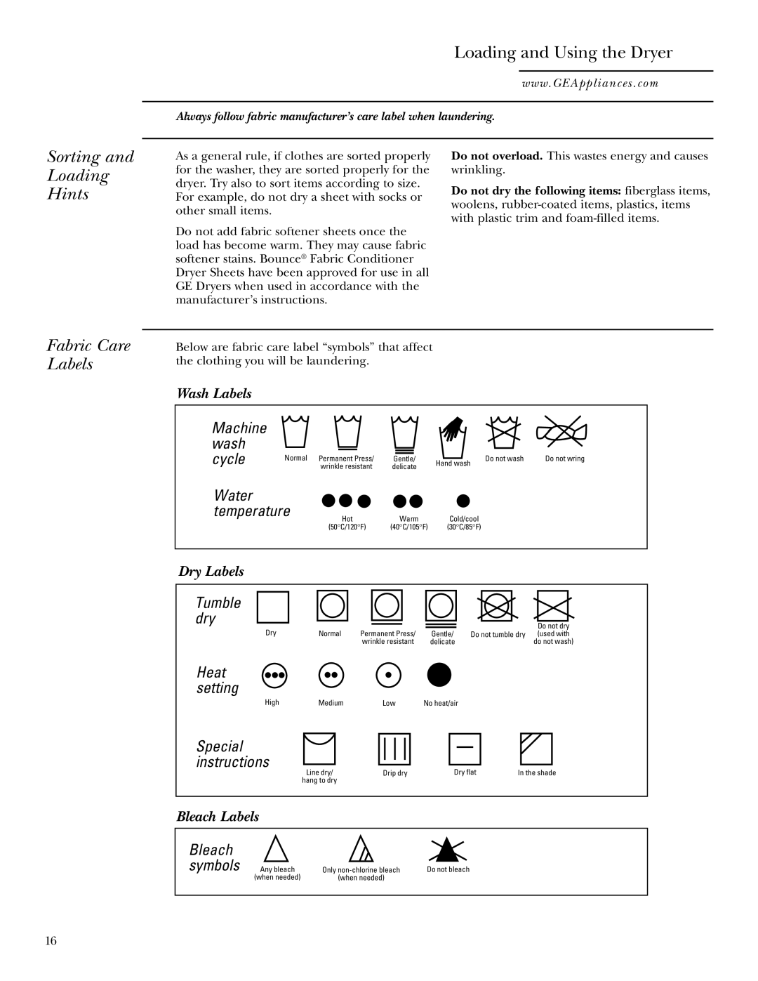 GE Monogram 3828EL2001A 175D1807P416, 49-90152-1, DPTGT750 operating instructions Sorting Loading Hints, Fabric Care Labels 