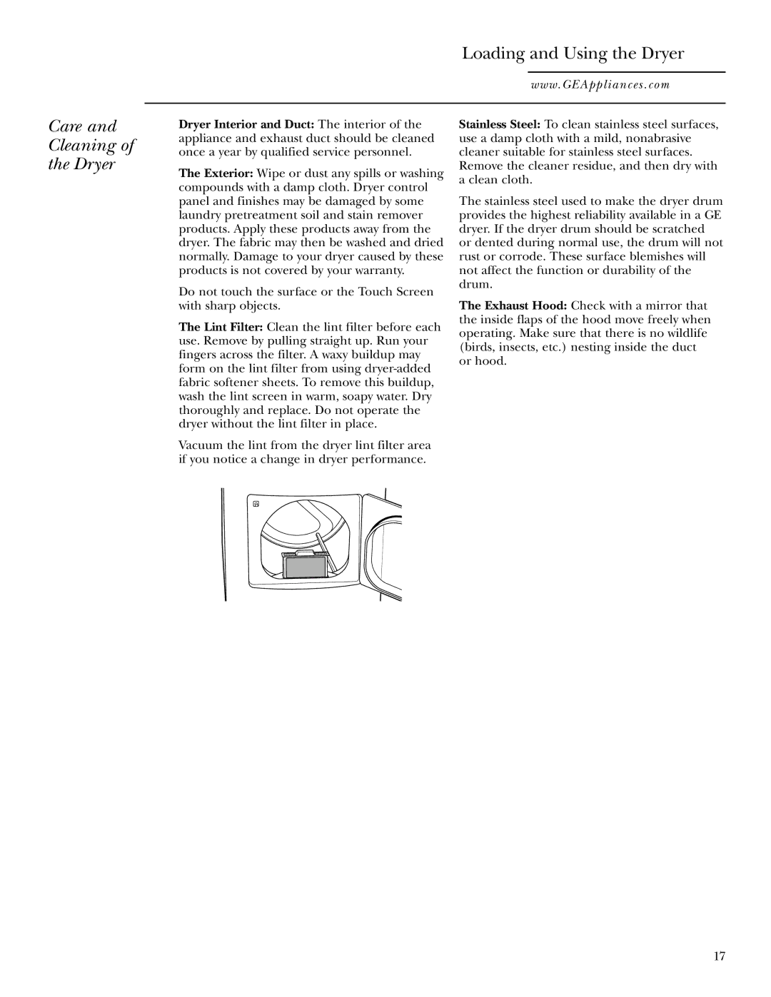 GE Monogram DPTGT750, 49-90152-1, 3828EL2001A 175D1807P416 operating instructions Care Cleaning Dryer 