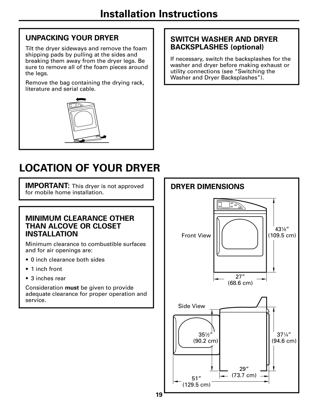 GE Monogram 3828EL2001A 175D1807P416, 49-90152-1 Installation Instructions, Unpacking Your Dryer, Dryer Dimensions 