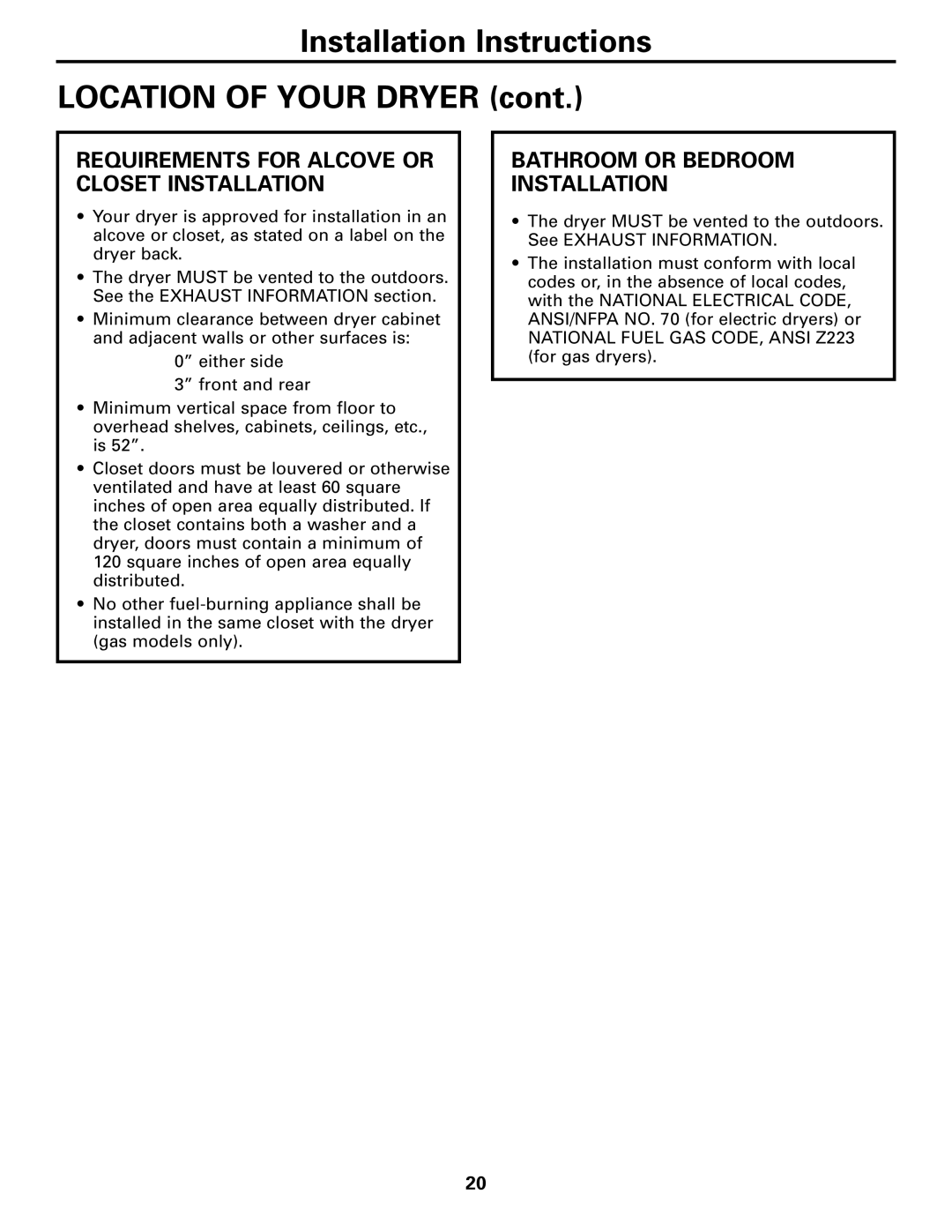 GE Monogram DPTGT750 Installation Instructions Location of Your Dryer, Requirements for Alcove or Closet Installation 