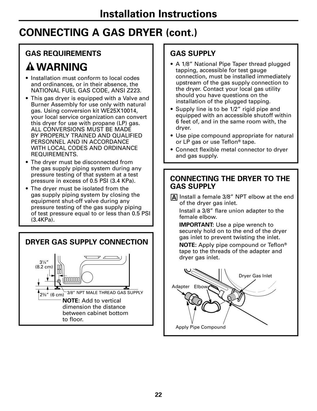 GE Monogram 3828EL2001A 175D1807P416 Installation Instructions Connecting a GAS Dryer, GAS Requirements, GAS Supply 