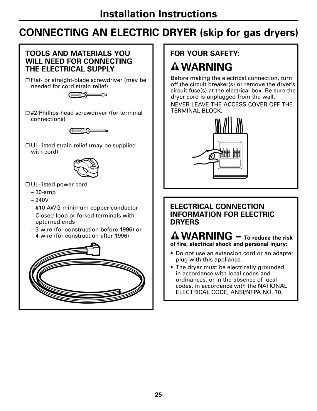 GE Monogram 3828EL2001A 175D1807P416, 49-90152-1 For Your Safety, Electrical Connection Information for Electric Dryers 