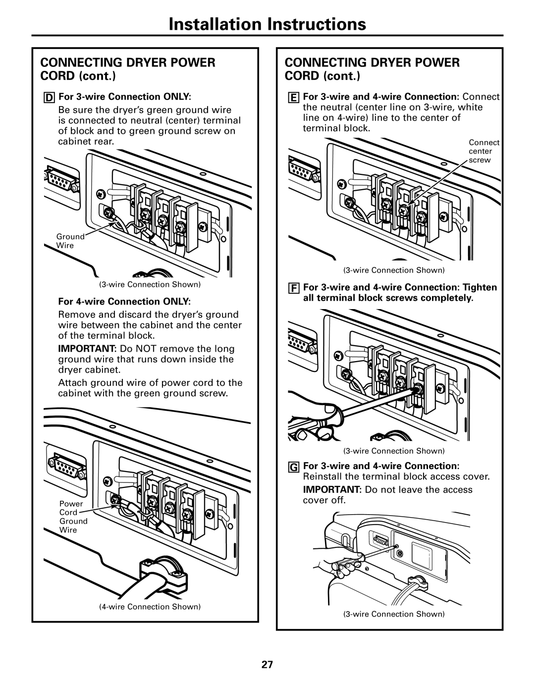 GE Monogram 49-90152-1, 3828EL2001A 175D1807P416, DPTGT750 operating instructions For 3-wire Connection only 