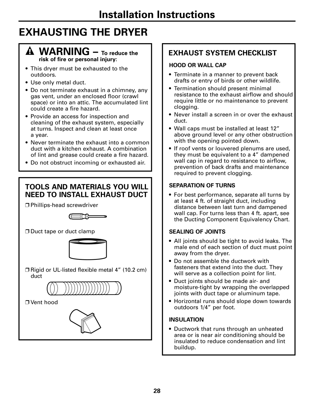 GE Monogram 3828EL2001A 175D1807P416 Exhaust System Checklist, Tools and Materials YOU will Need to Install Exhaust Duct 