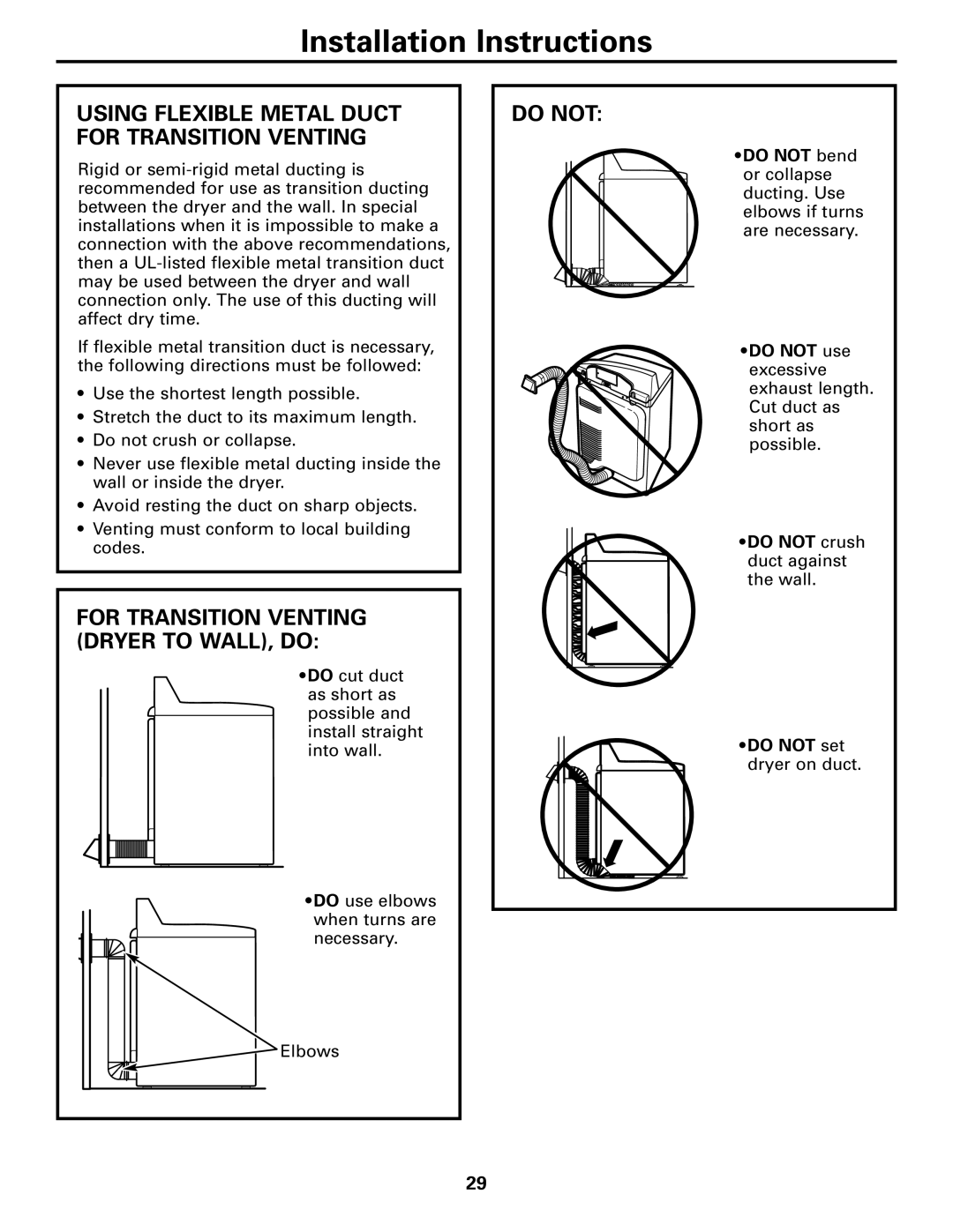 GE Monogram DPTGT750 For Transition Venting Dryer to WALL, do, Do not, Using Flexible Metal Duct for Transition Venting 