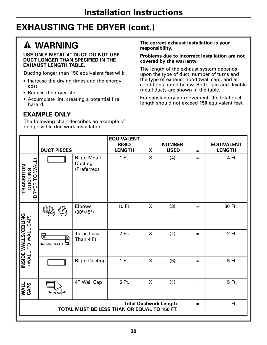 GE Monogram 49-90152-1, 3828EL2001A 175D1807P416, DPTGT750 Installation Instructions Exhausting the Dryer, Example only 