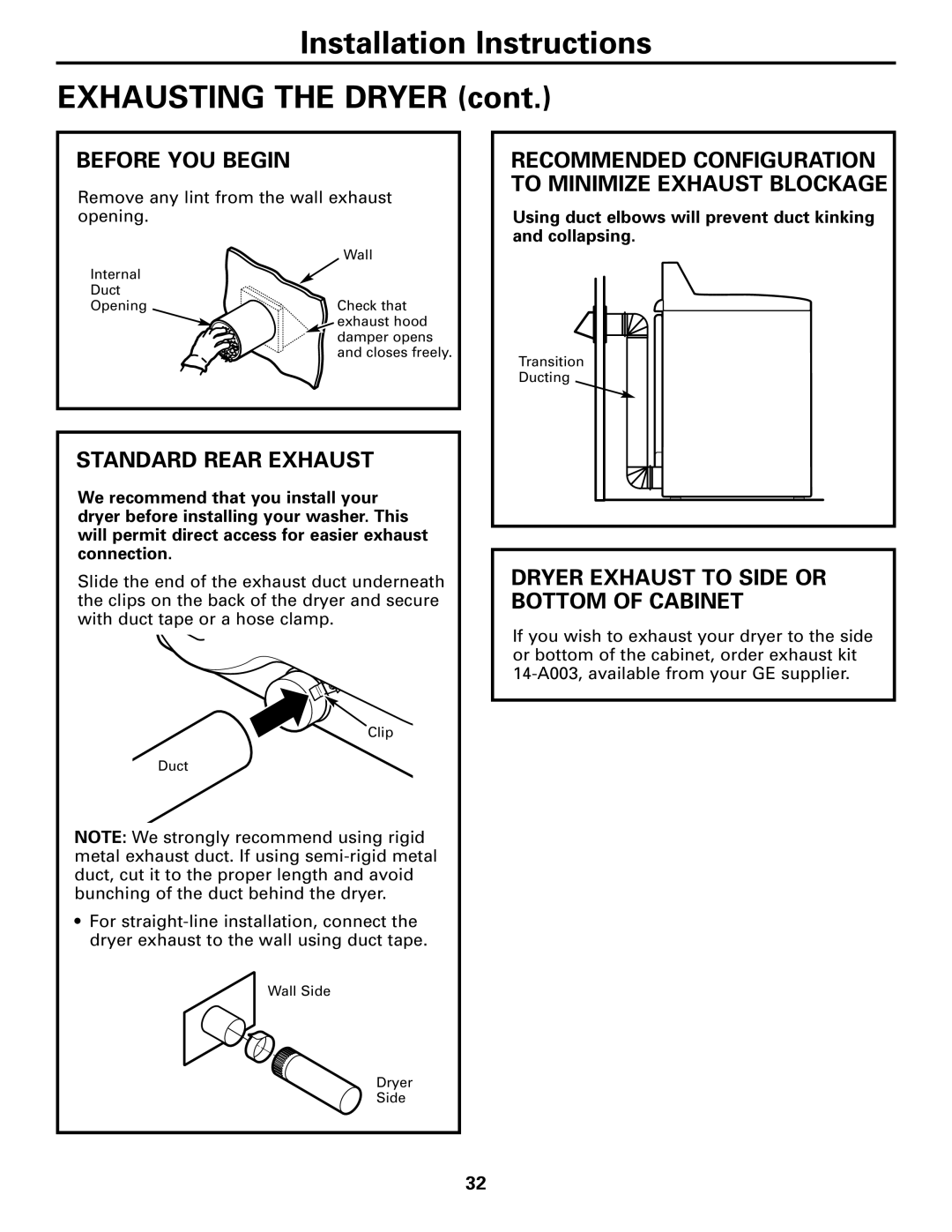 GE Monogram DPTGT750, 49-90152-1 operating instructions Standard Rear Exhaust, Dryer Exhaust to Side or Bottom of Cabinet 