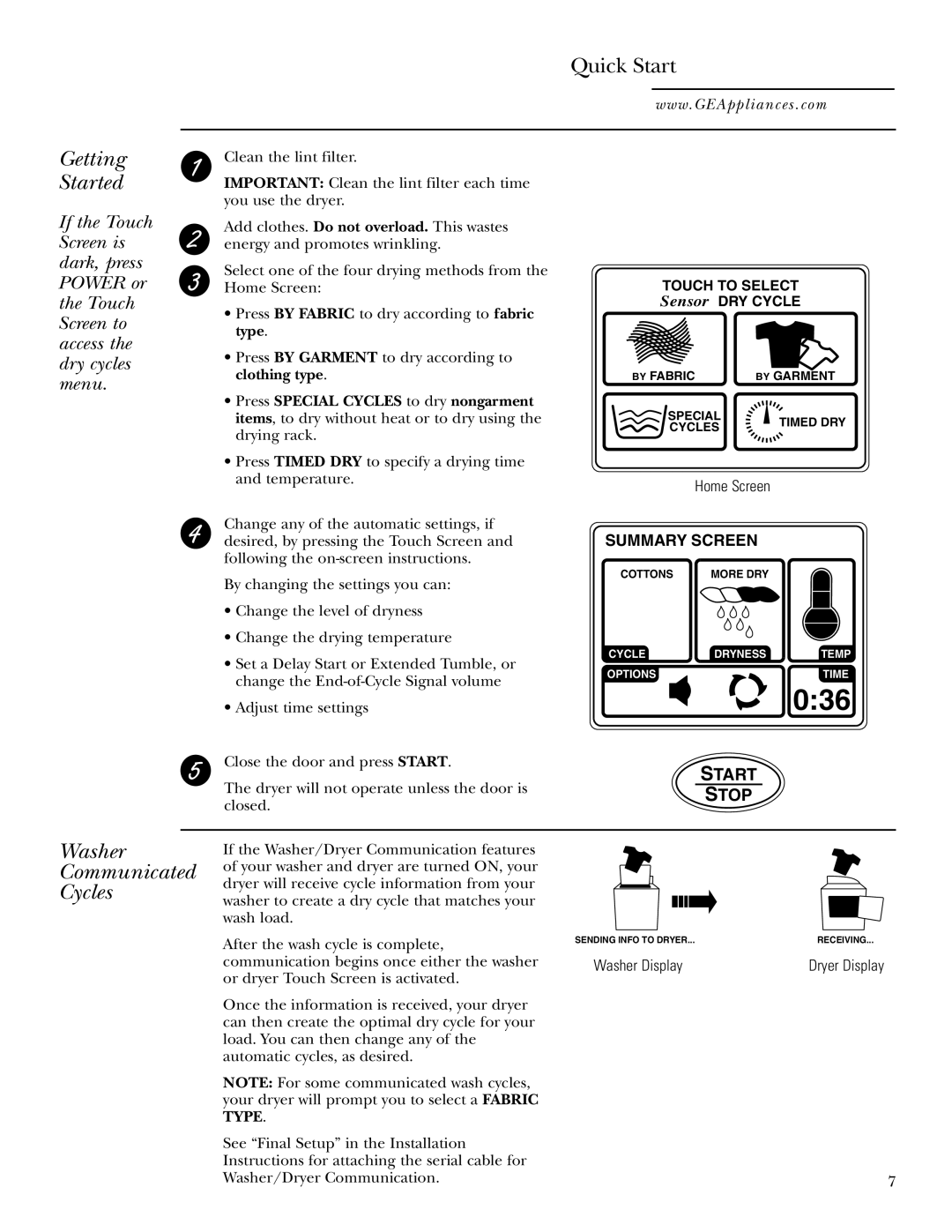 GE Monogram 3828EL2001A 175D1807P416, 49-90152-1, DPTGT750 Getting Started, Washer, Communicated, Cycles 