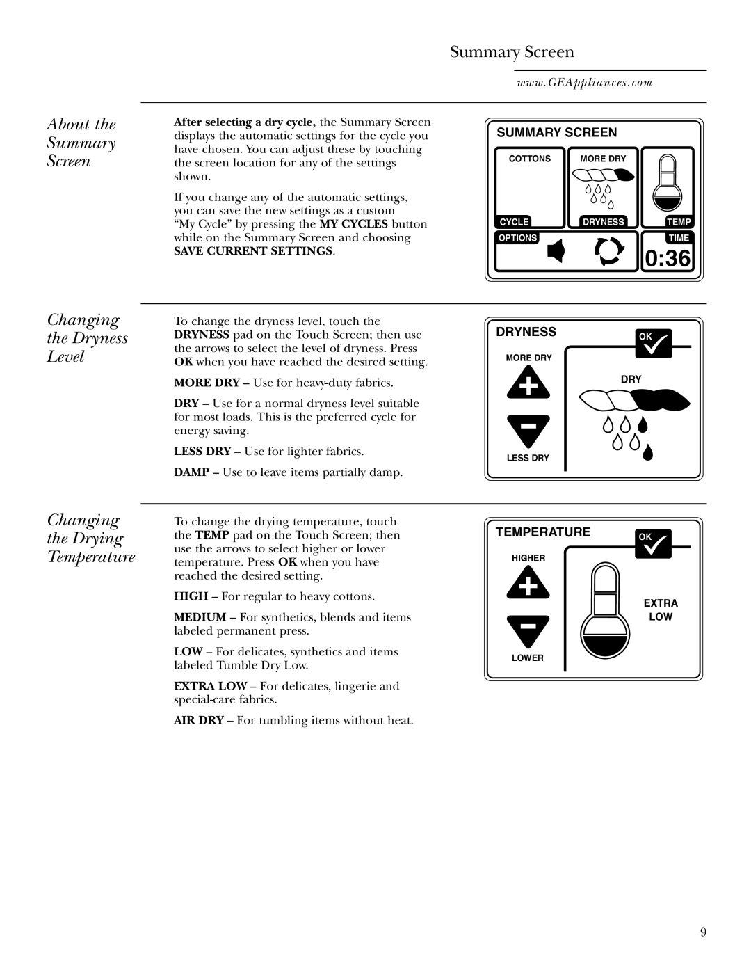 GE Monogram 49-90152-1, 3828EL2001A 175D1807P416 About Summary Screen, Changing Dryness Level, Changing Drying Temperature 