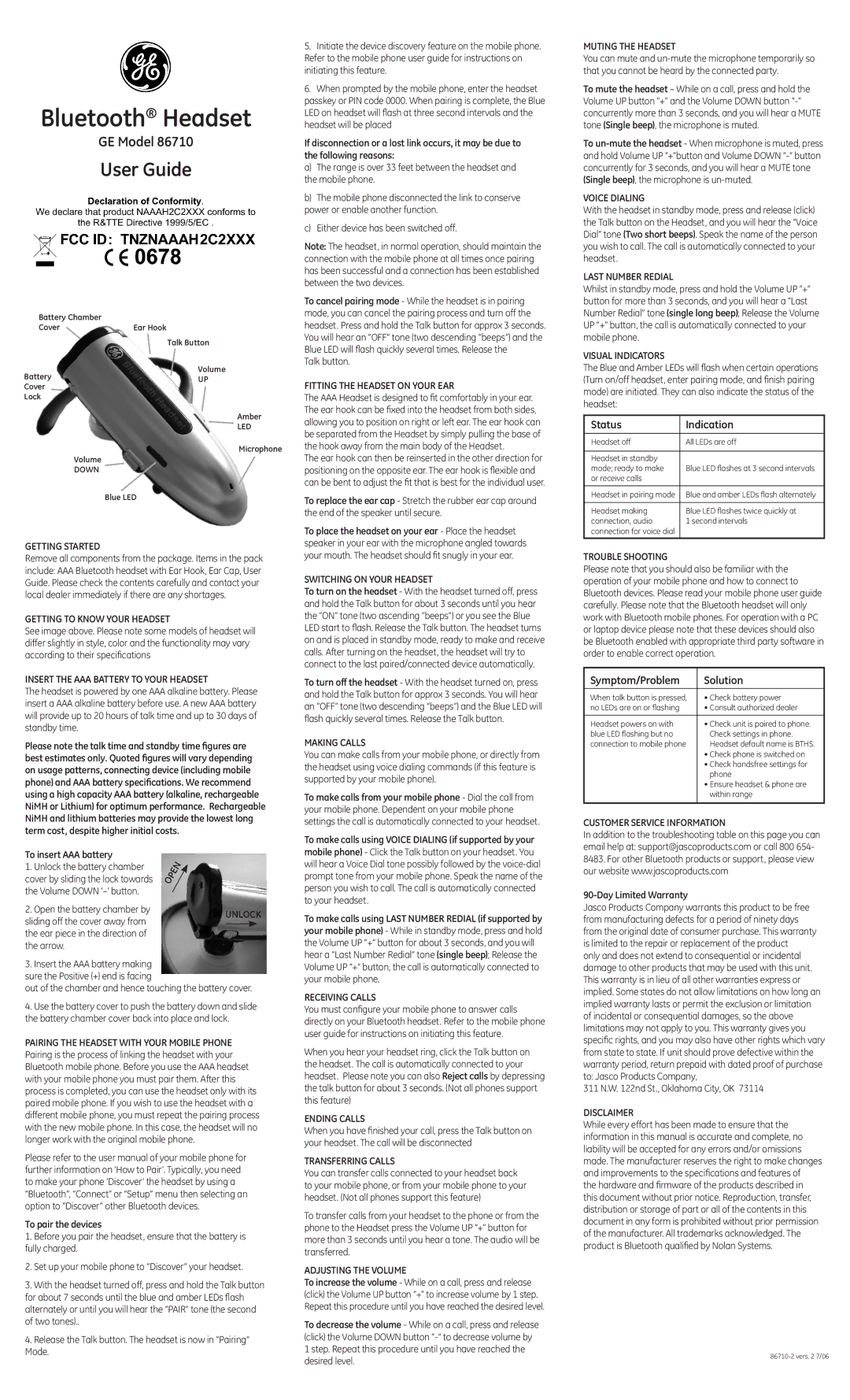 GE Monogram 86710 specifications Getting Started, Getting to Know Your Headset, Insert the AAA Battery to Your Headset 