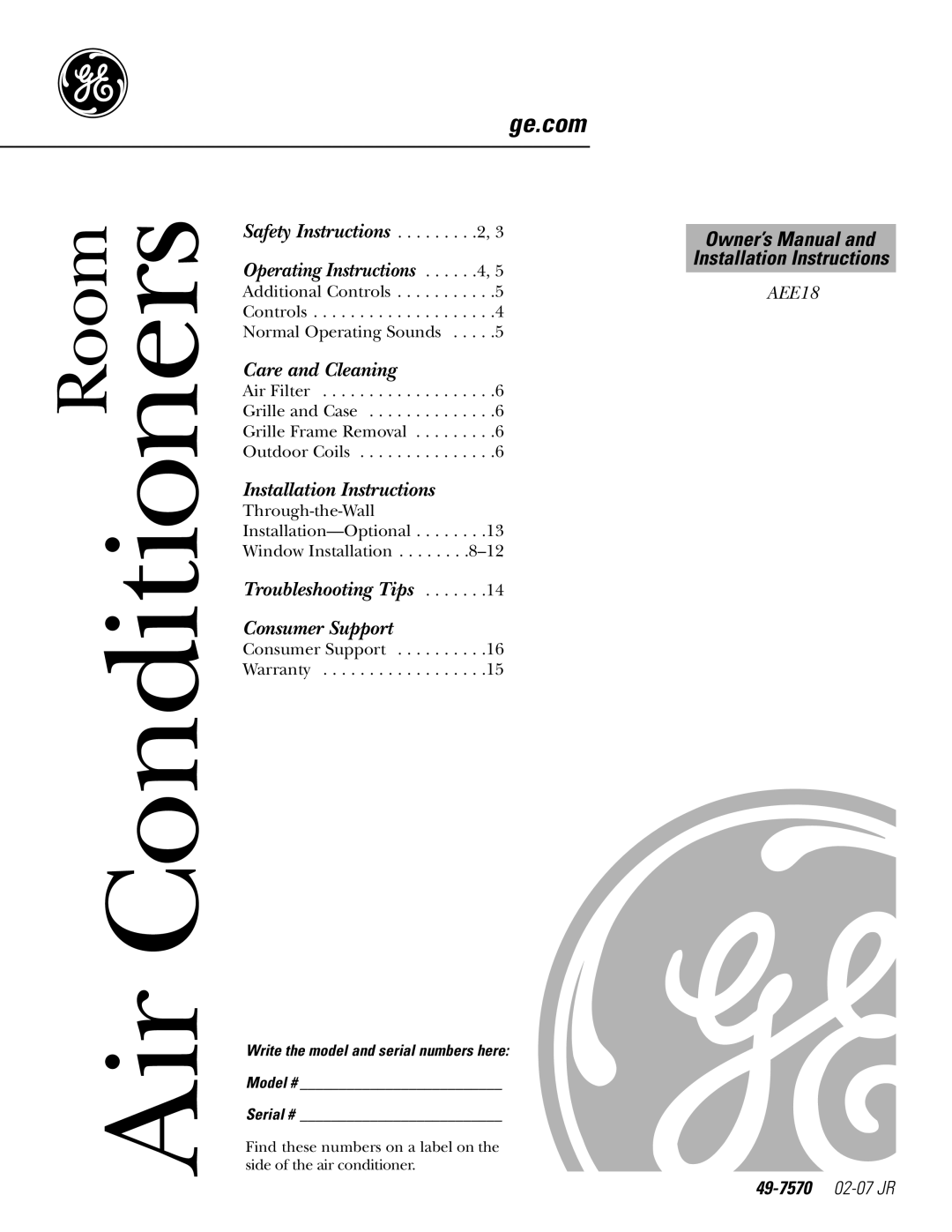 GE Monogram AEE18 installation instructions 49-7570 02-07 JR, Write the model and serial numbers here Model # Serial # 