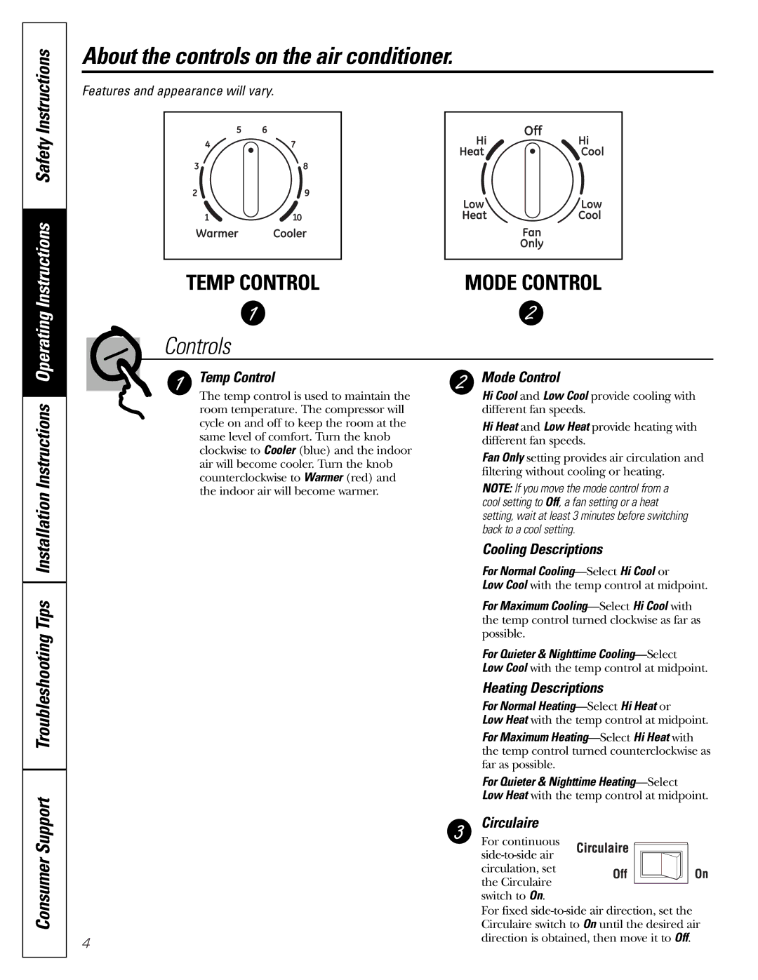 GE Monogram AEE18 installation instructions About the controls on the air conditioner 