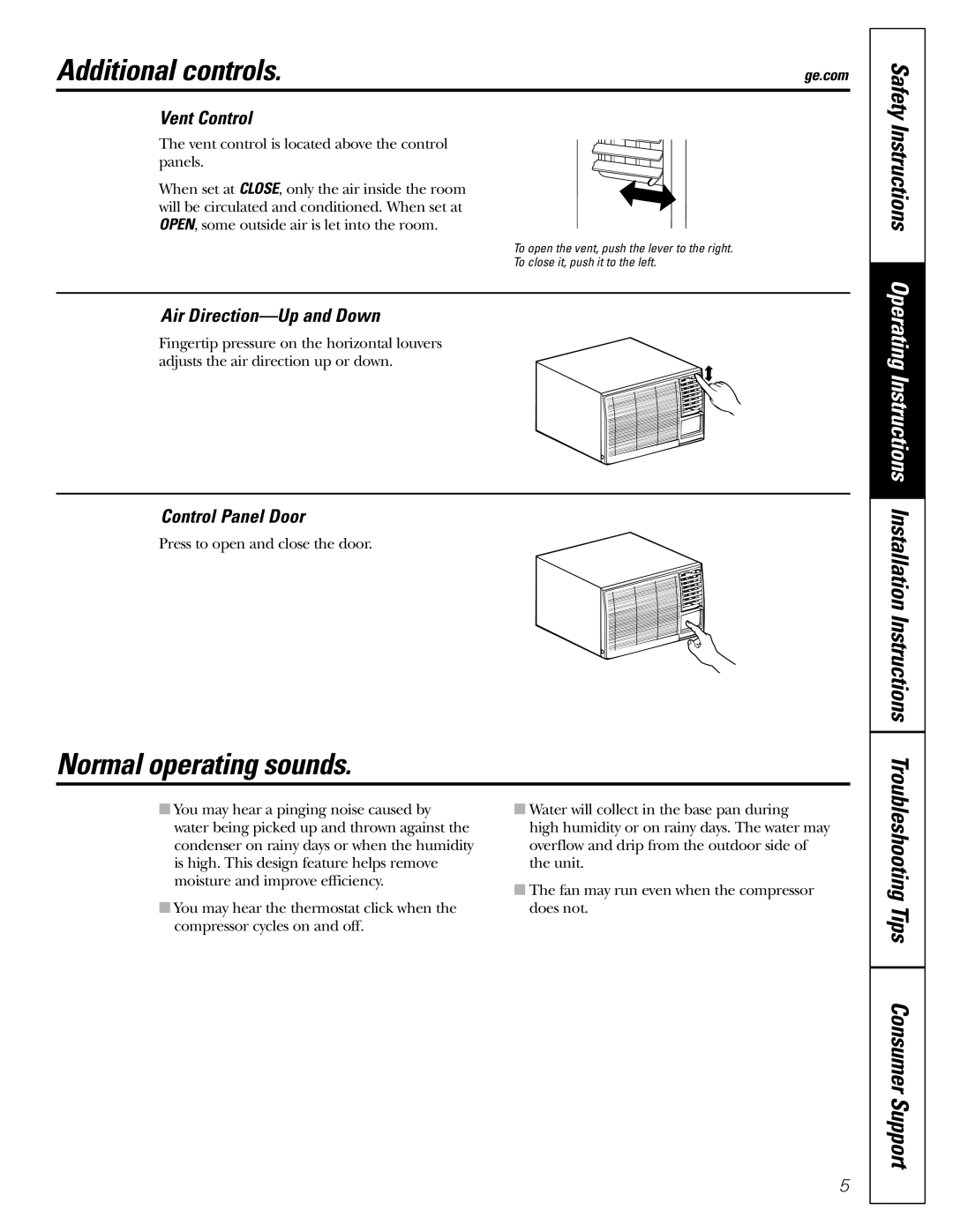 GE Monogram AEE18 Additional controls, Normal operating sounds, Vent Control, Air Direction-Up and Down 