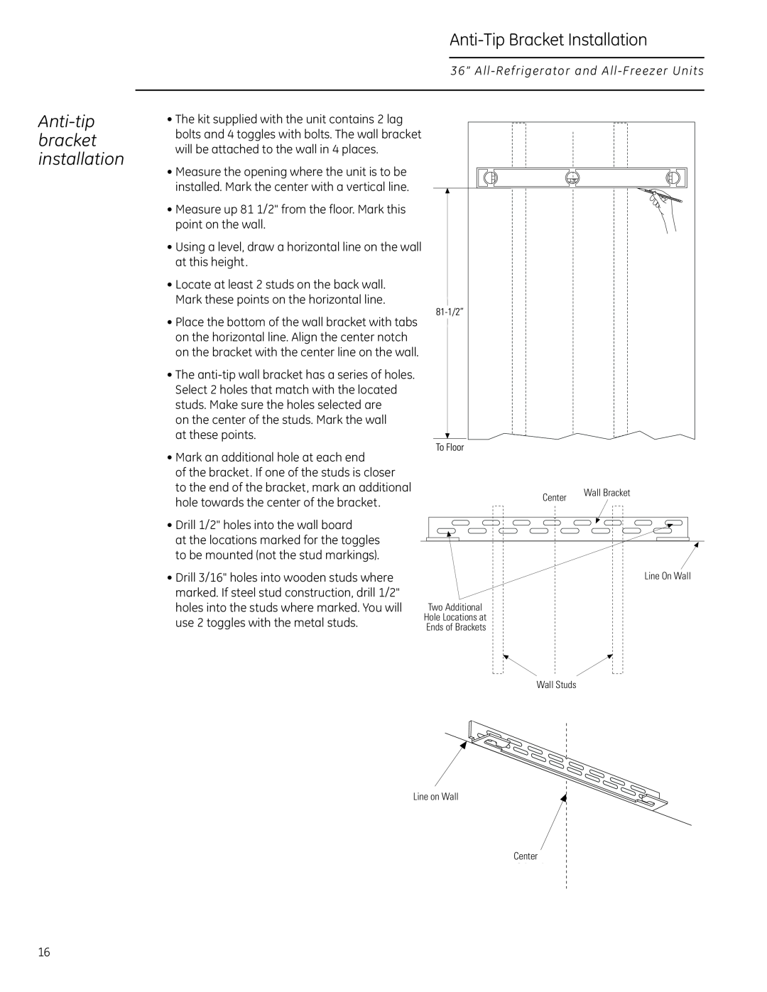 GE Monogram All-Refrigerators and All-Freezers owner manual Anti-tip bracket installation, Anti-Tip Bracket Installation 