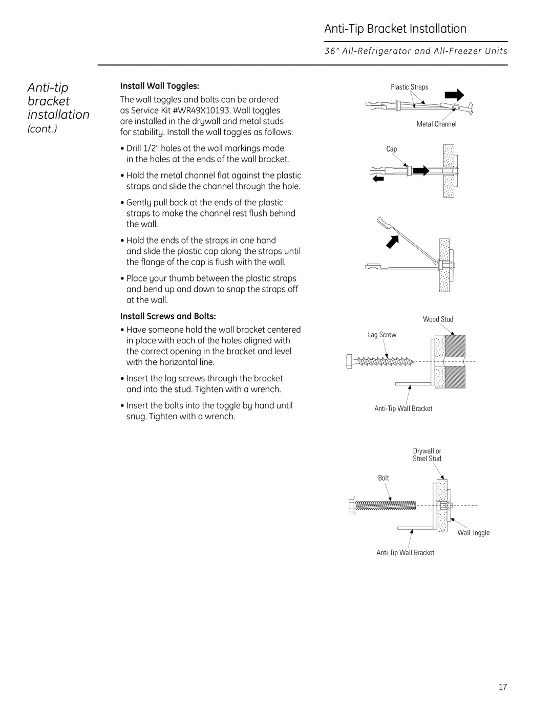 GE Monogram All-Refrigerators and All-Freezers cont, Anti-Tip Bracket Installation, Anti-tip bracket installation 