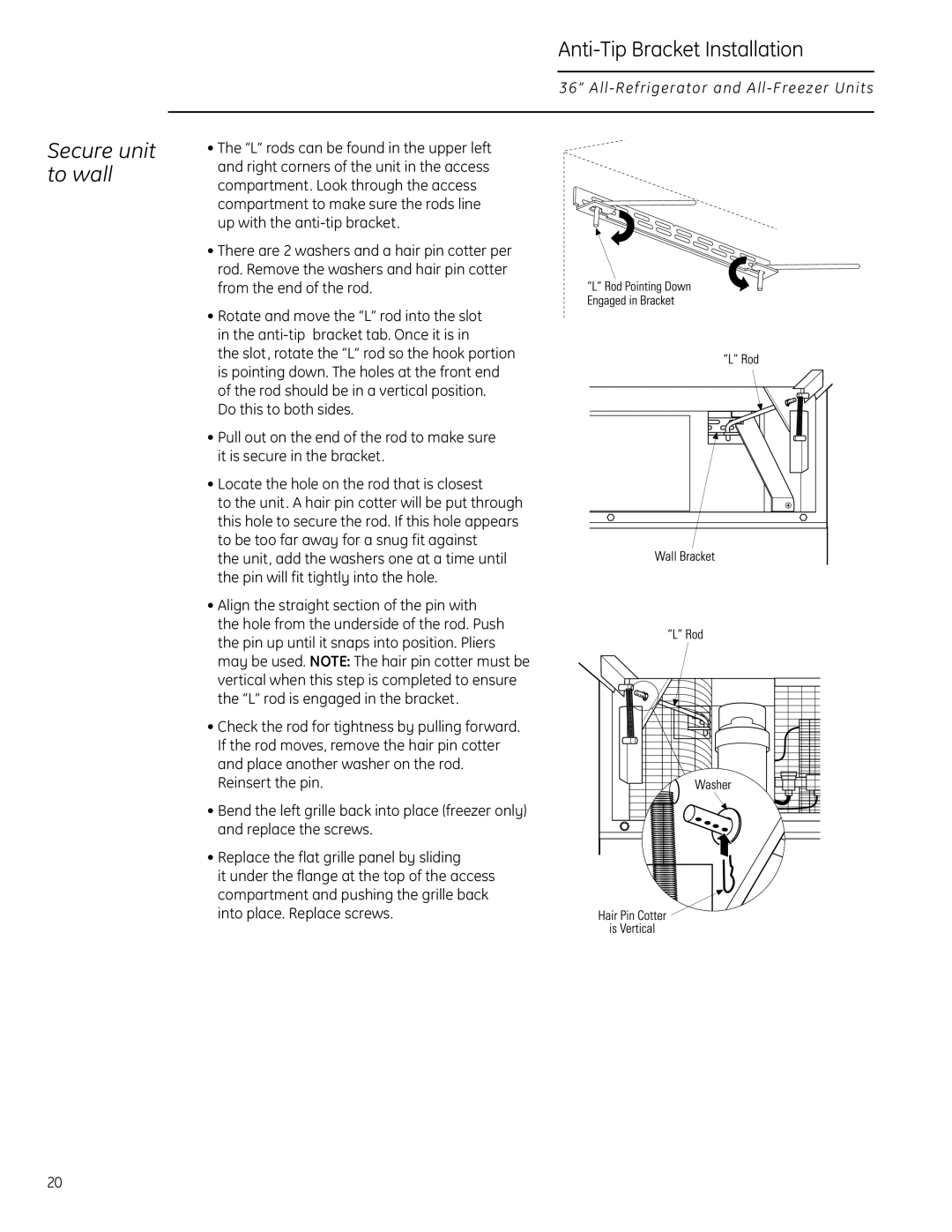 GE Monogram All-Refrigerators and All-Freezers owner manual Secure unit to wall, Anti-Tip Bracket Installation 