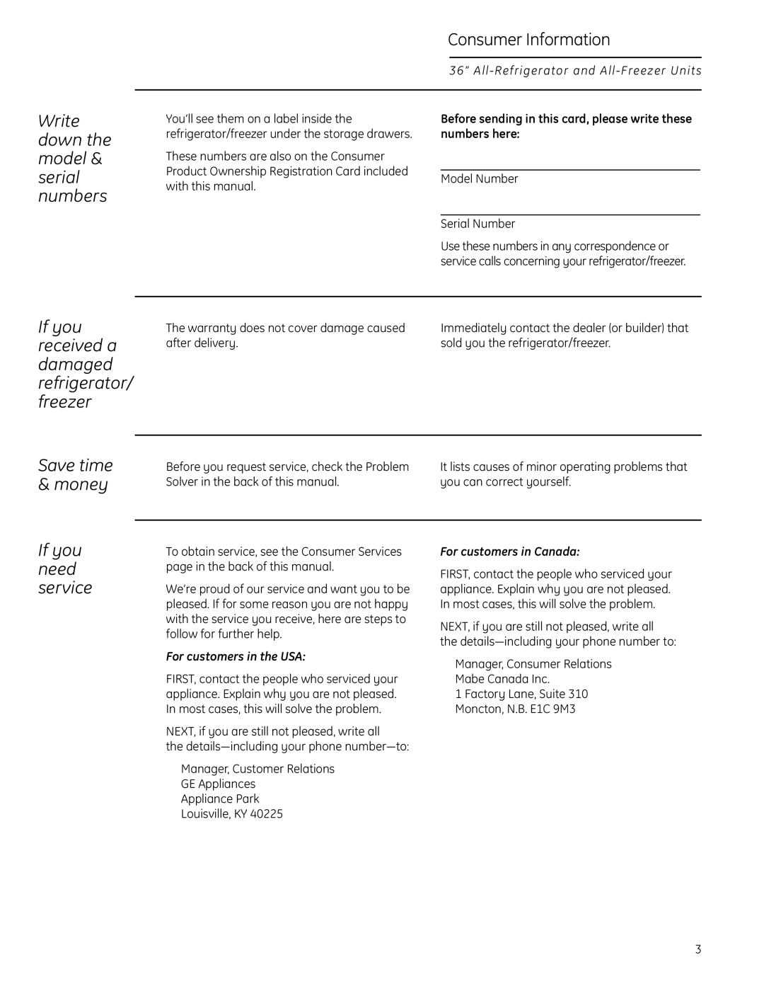 GE Monogram All-Refrigerators and All-Freezers owner manual Write down the model & serial numbers, If you need service 