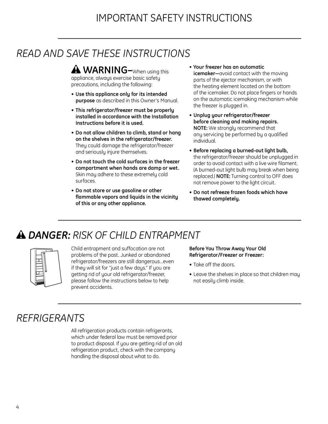 GE Monogram All-Refrigerators and All-Freezers owner manual Important Safety Instructions, Read And Save These Instructions 