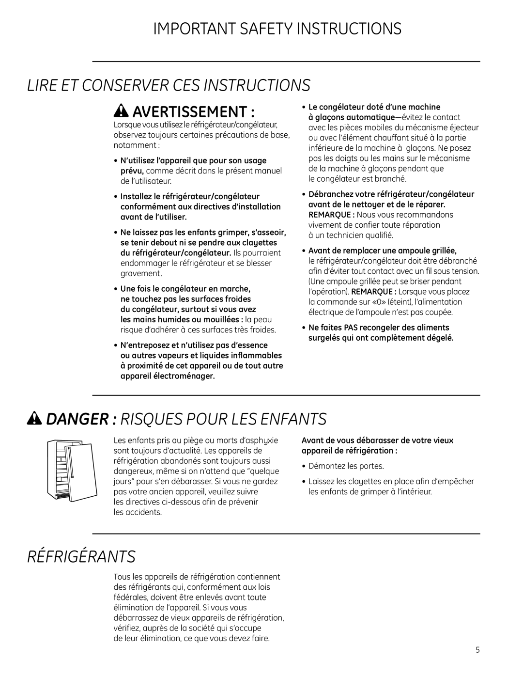 GE Monogram All-Refrigerators and All-Freezers Lire Et Conserver Ces Instructions, wDANGER RISQUES POUR LES ENFANTS 